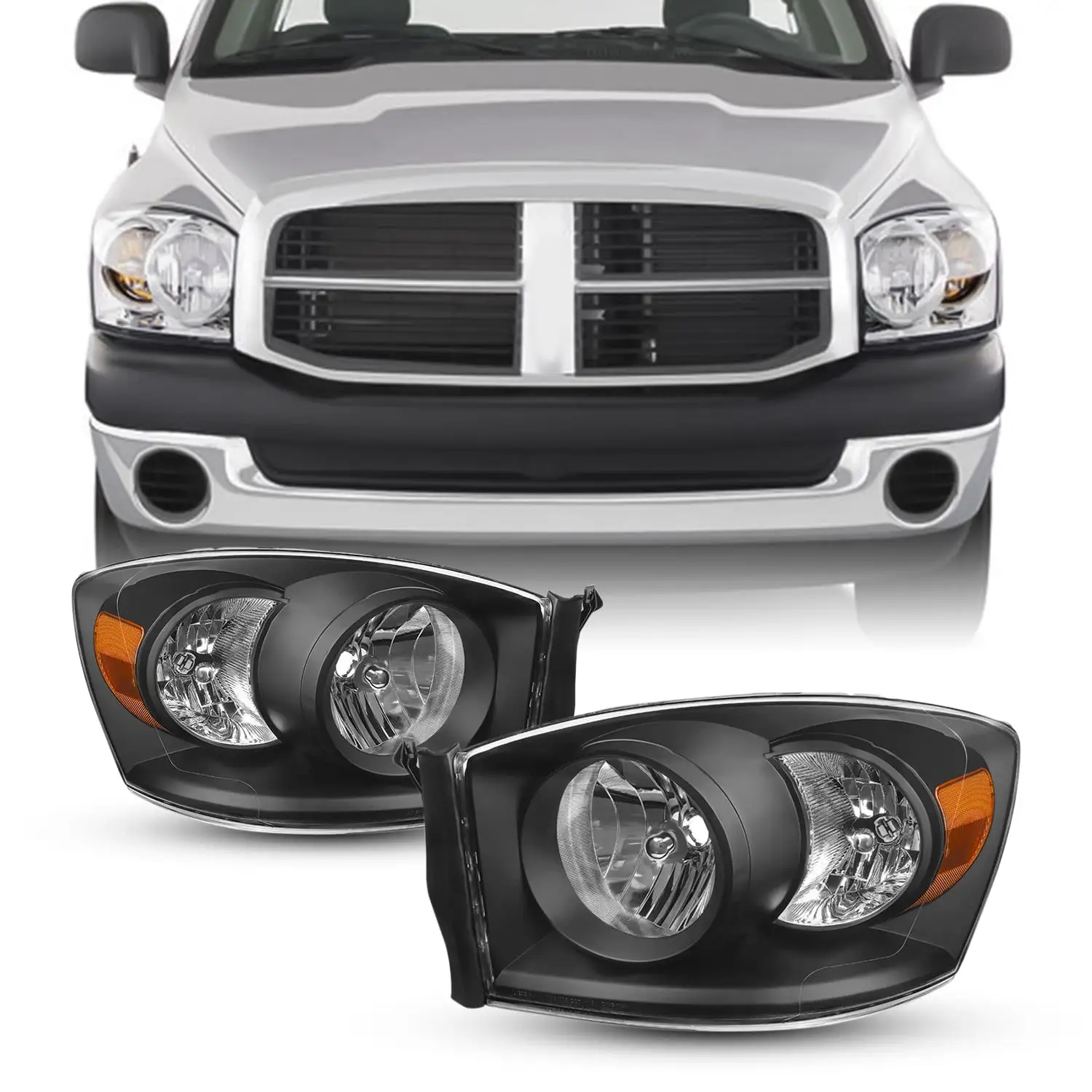 AKKON - For Black 06-08 Ram 1500 06-09 Ram 2500 3500 Pickup Truck Headlights Front Lamps Direct Replacement