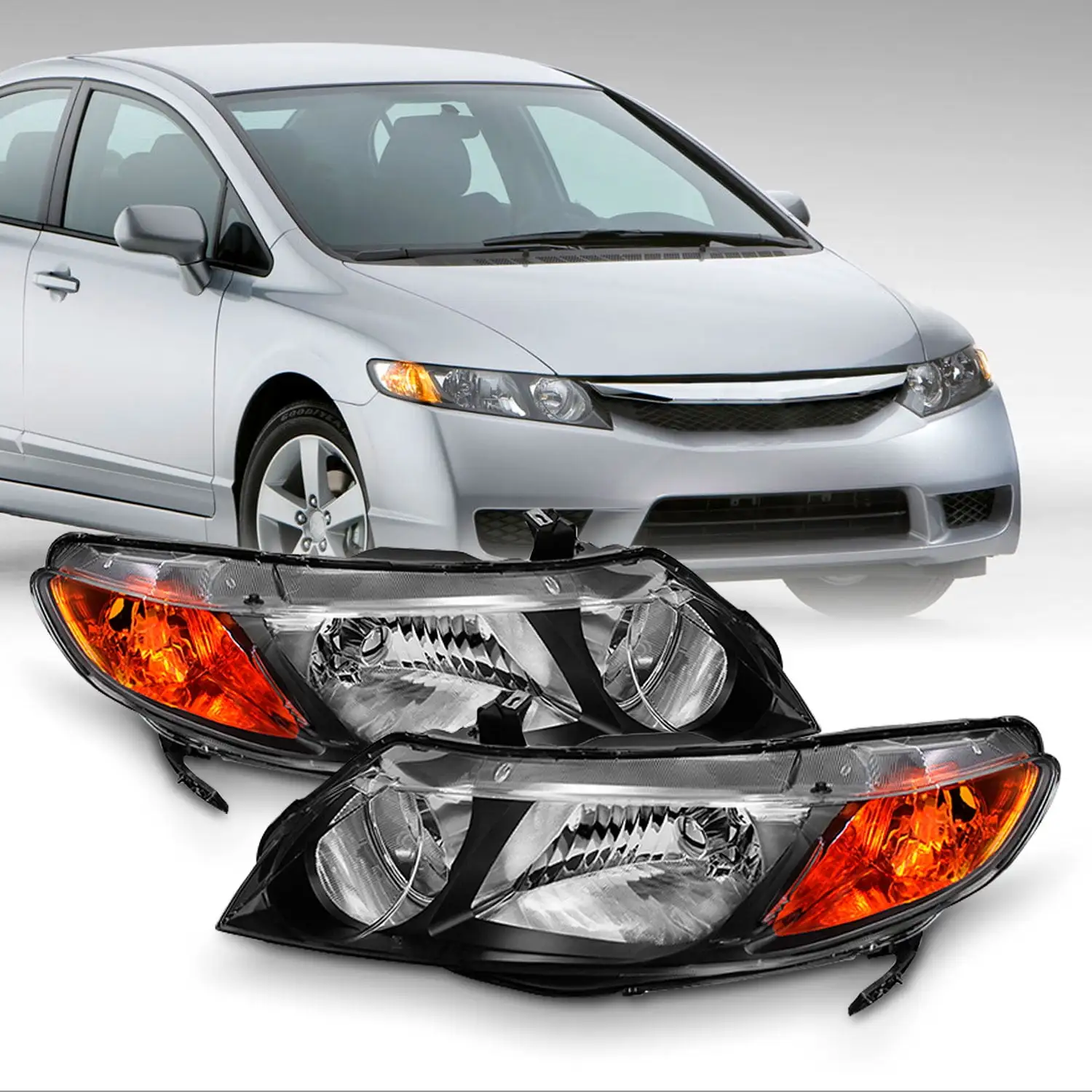 AKKON - For Black 06-11 Honda Civic 4 Doors Sedan Headlights Front Lamps Direct Replacement Left + Right Pair