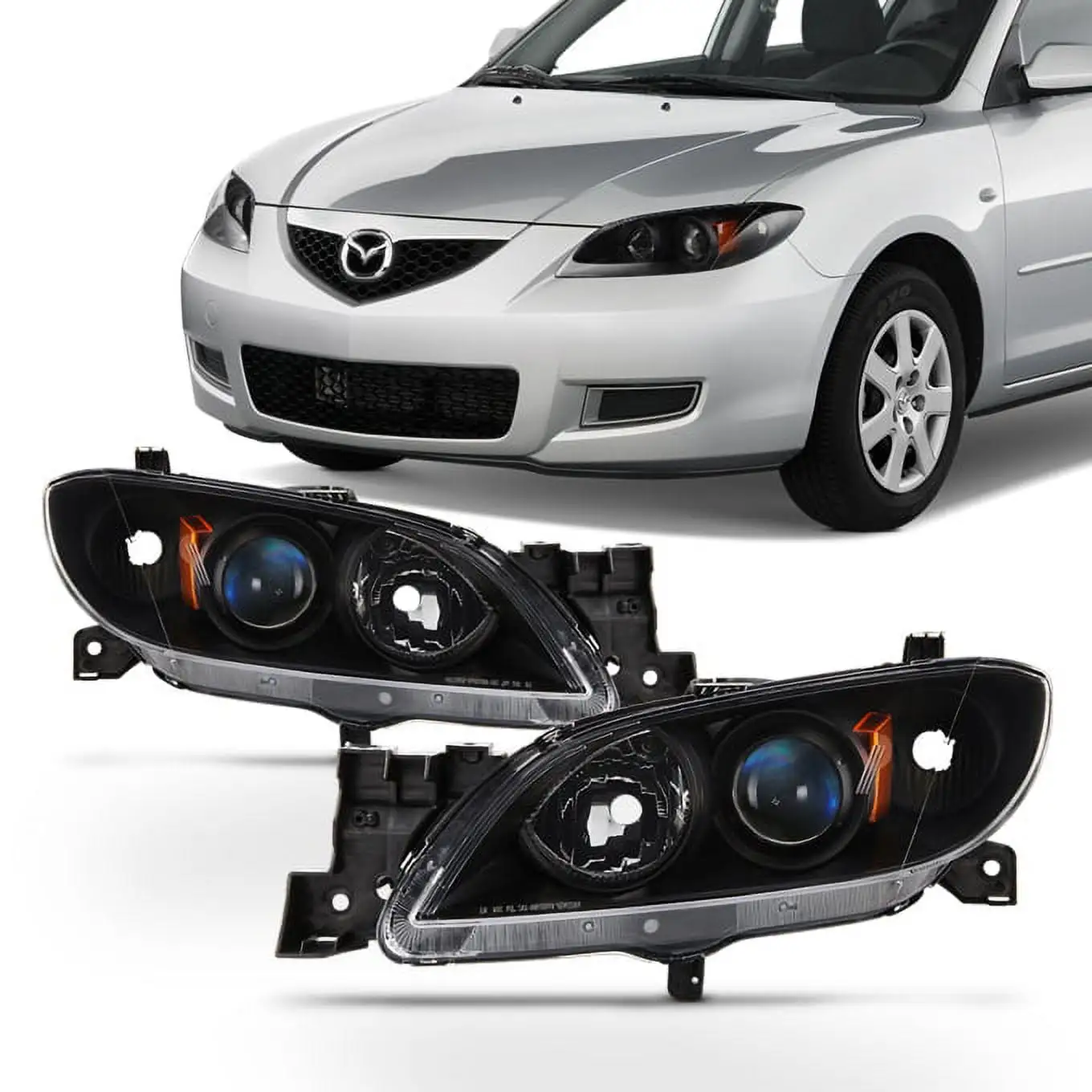 AKKON - For Black 2004 2005 2006 2007 2008 2009 Mazda 3 Sedan Left+Right Side Halogen Headlights Headlamps Set