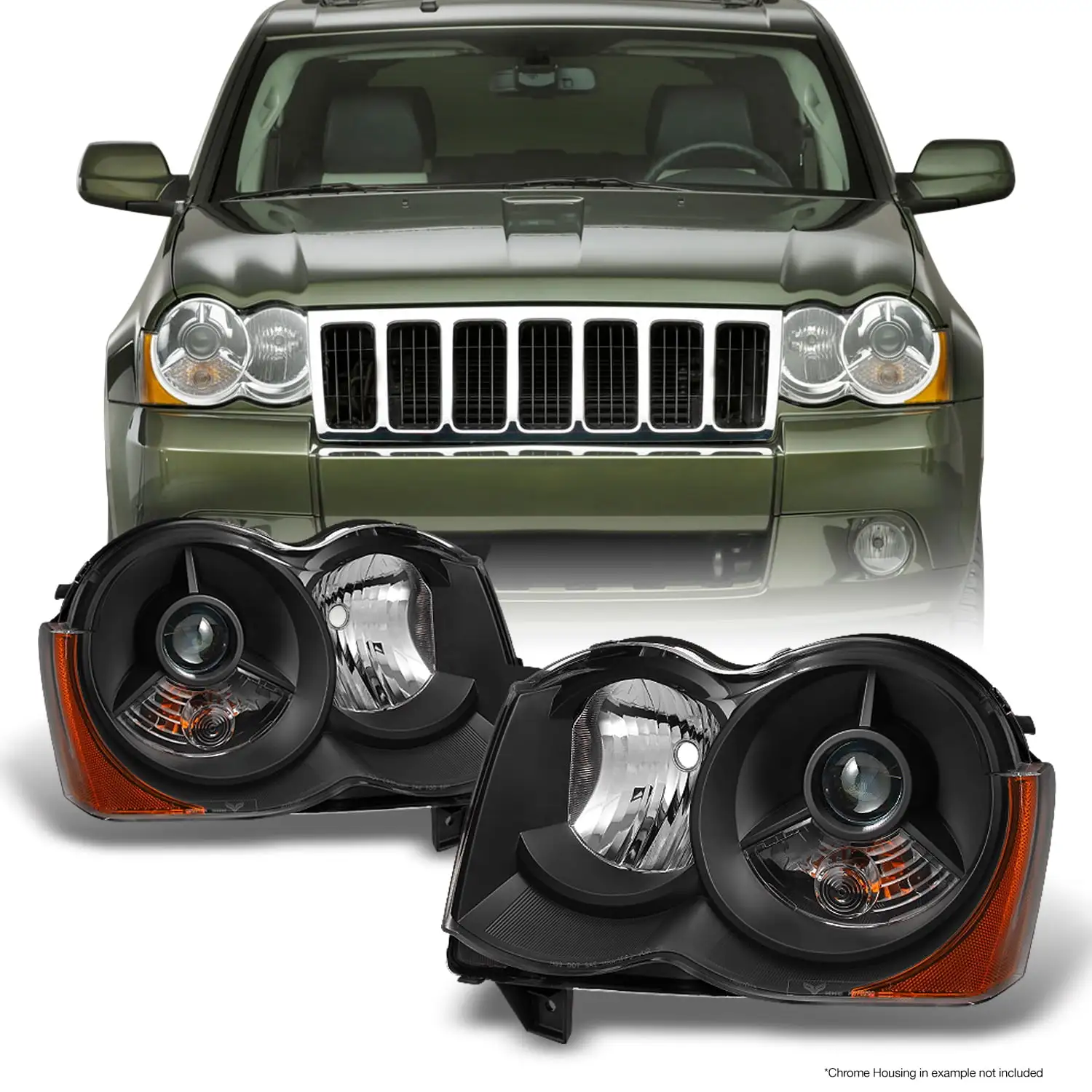 AKKON - For [Black] 2008 2009 2010 Jeep Grand Cherokee Halogen Type Projector Headlight Headlamps LH + RH Pair