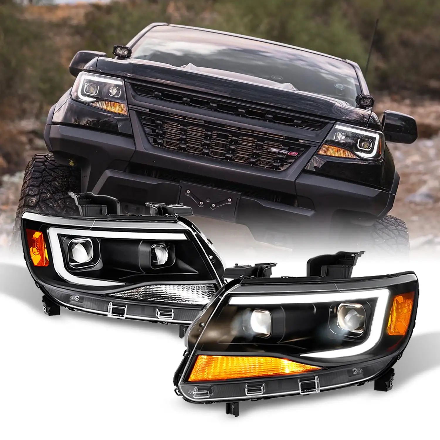 AKKON - For [Black] 2015-2021 Chevy Colorado Frost White LED DRL Dual Square Projector Headlights Pair Set