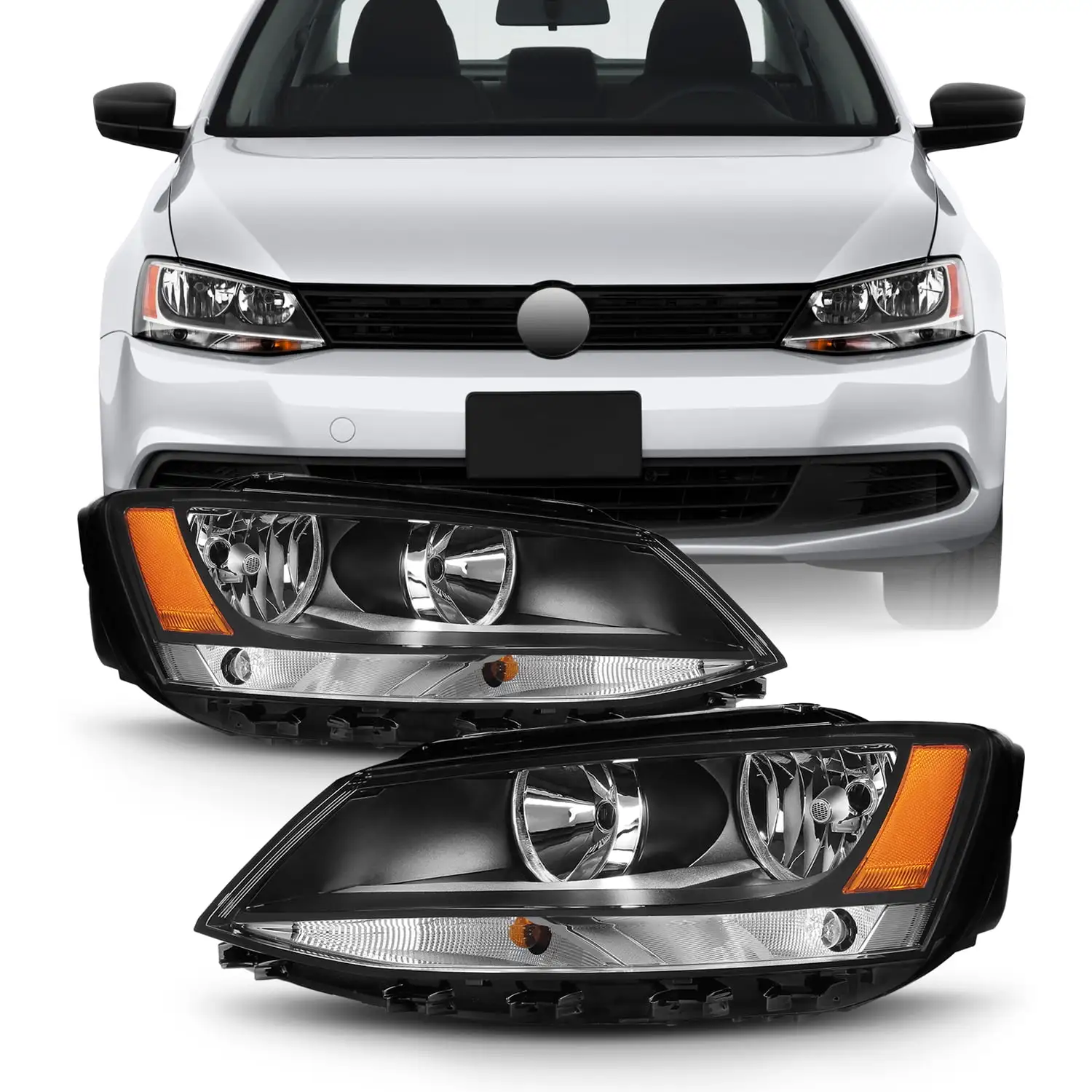 AKKON - For Black Bezel 11-18 VW Jetta Headlights Front Lamps Direct Replacement Left + Right Pair