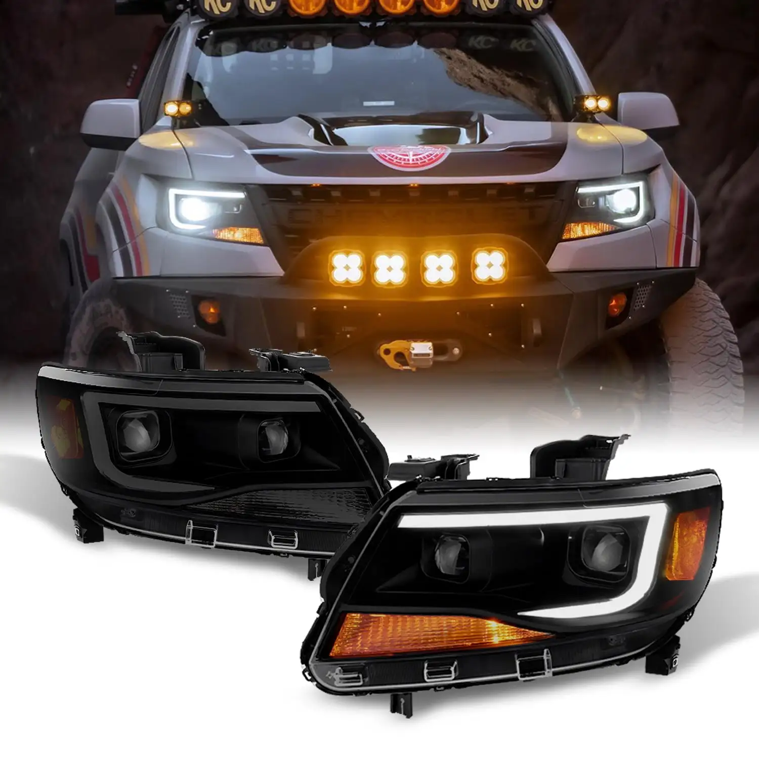 AKKON - For [Black Smoke] 2015-2021 Chevy Colorado Frost White LED DRL Dual Square Projector Headlights Set