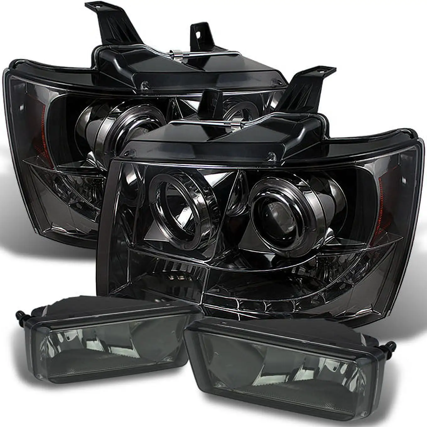 AKKON - For Chevy Suburban Tahoe Avalanche Smoked Halo Projector Headlights + Smoked Fog Lights Lamps