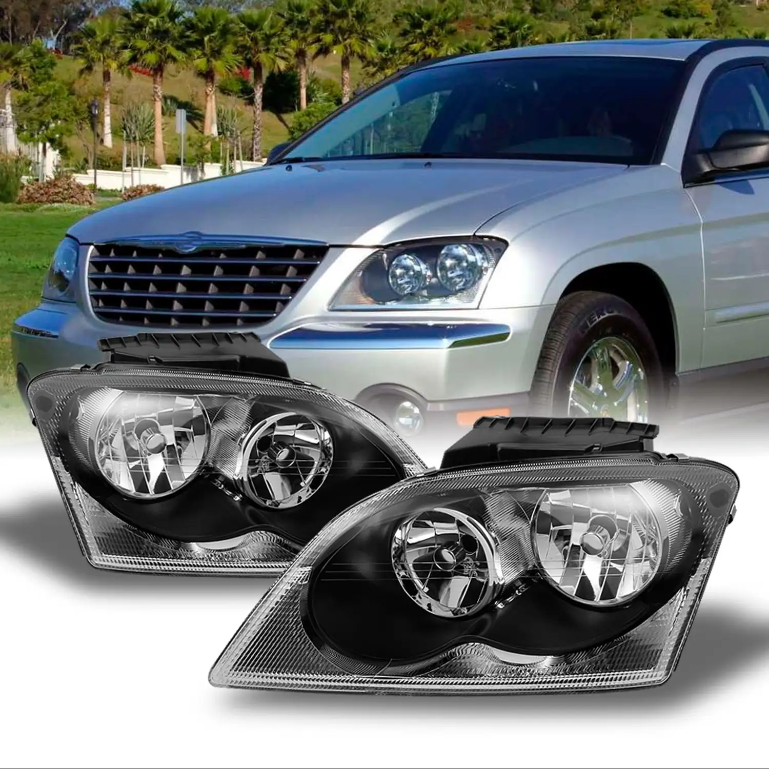 AKKON - For Chrysler Pacifica SUV Black Bezel Headlights Headlamp Front Lamps Replacement Left + Right Pair