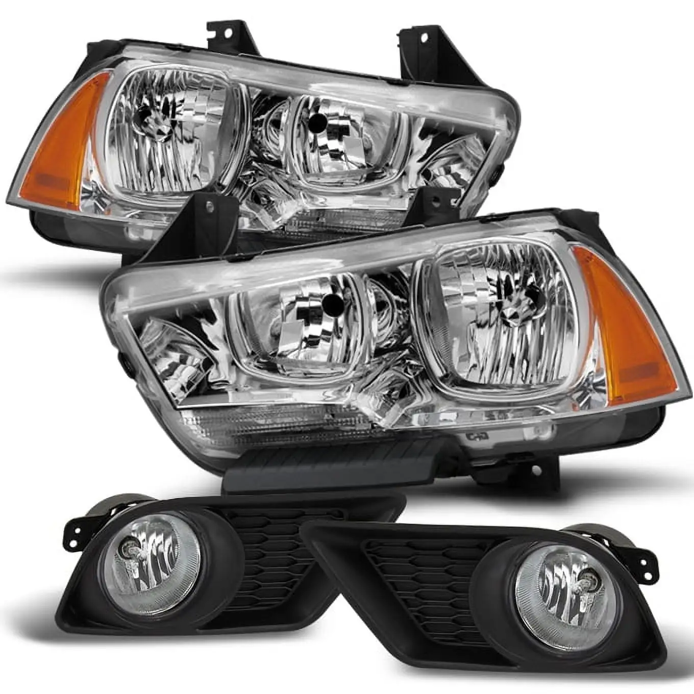 AKKON - For Dodge 11-14 Charger Chrome Housing Headlights + Fog Light w/Switch Replacement