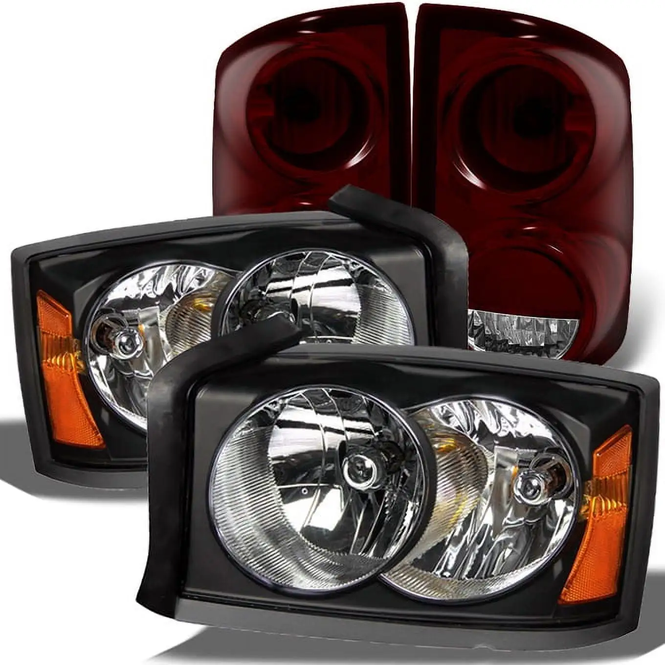 AKKON - For Dodge Dakota Black Headlights Headlamps Repalcement Pair + Dark Red Tail Lights Combo Pair Set