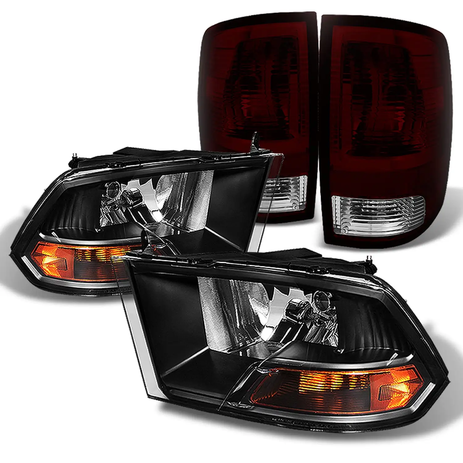 AKKON - For Dodge Pickup 2009-2018 Ram 1500 | 2010-2018 2500/3500 Black Headlights + Dark Red Smoked Tail Lights 4pcs Combo