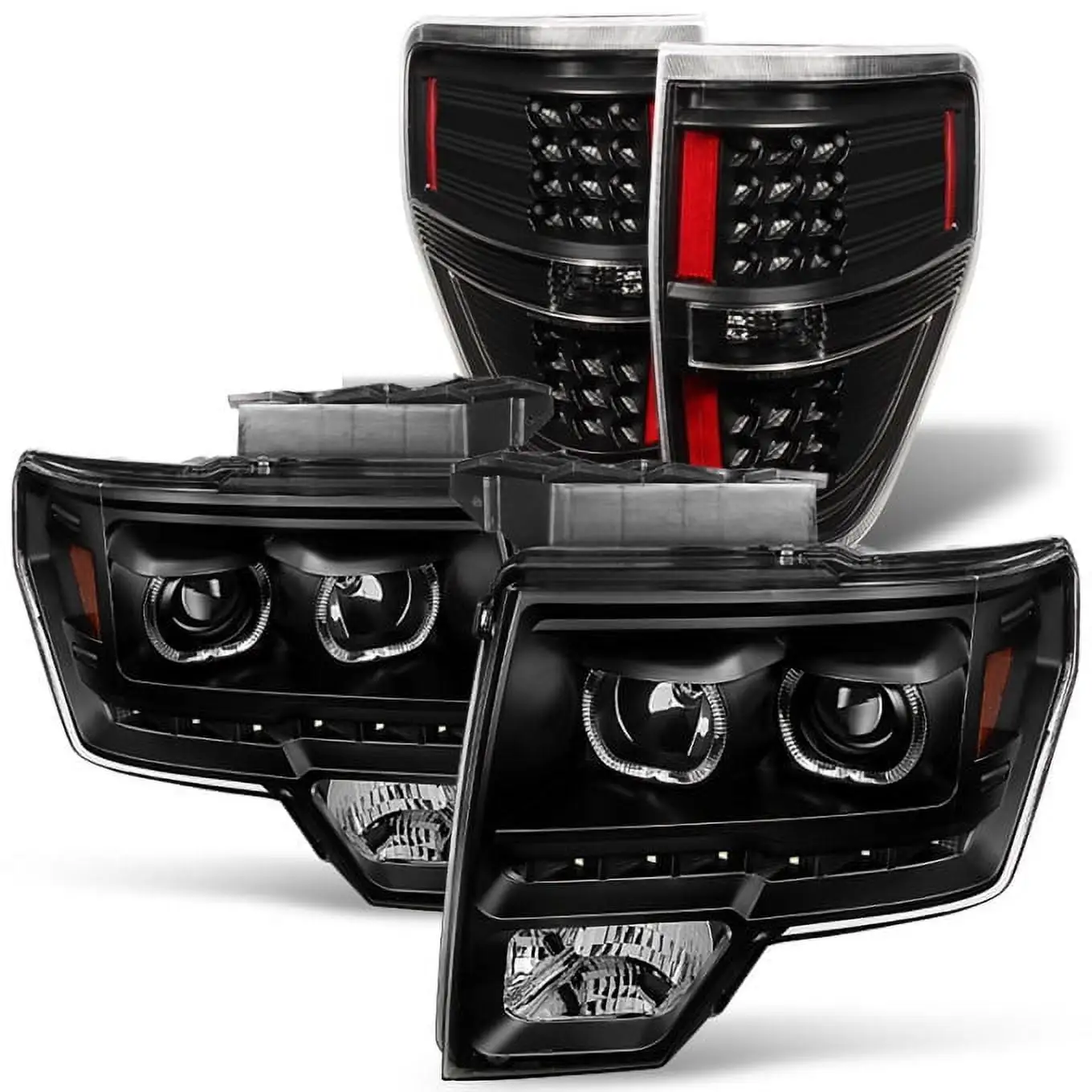 AKKON - For [Dual LED Halo Ring] 09-14 F150 F-150 Pickup Truck Black Projector Headlights + LED Tail light Set