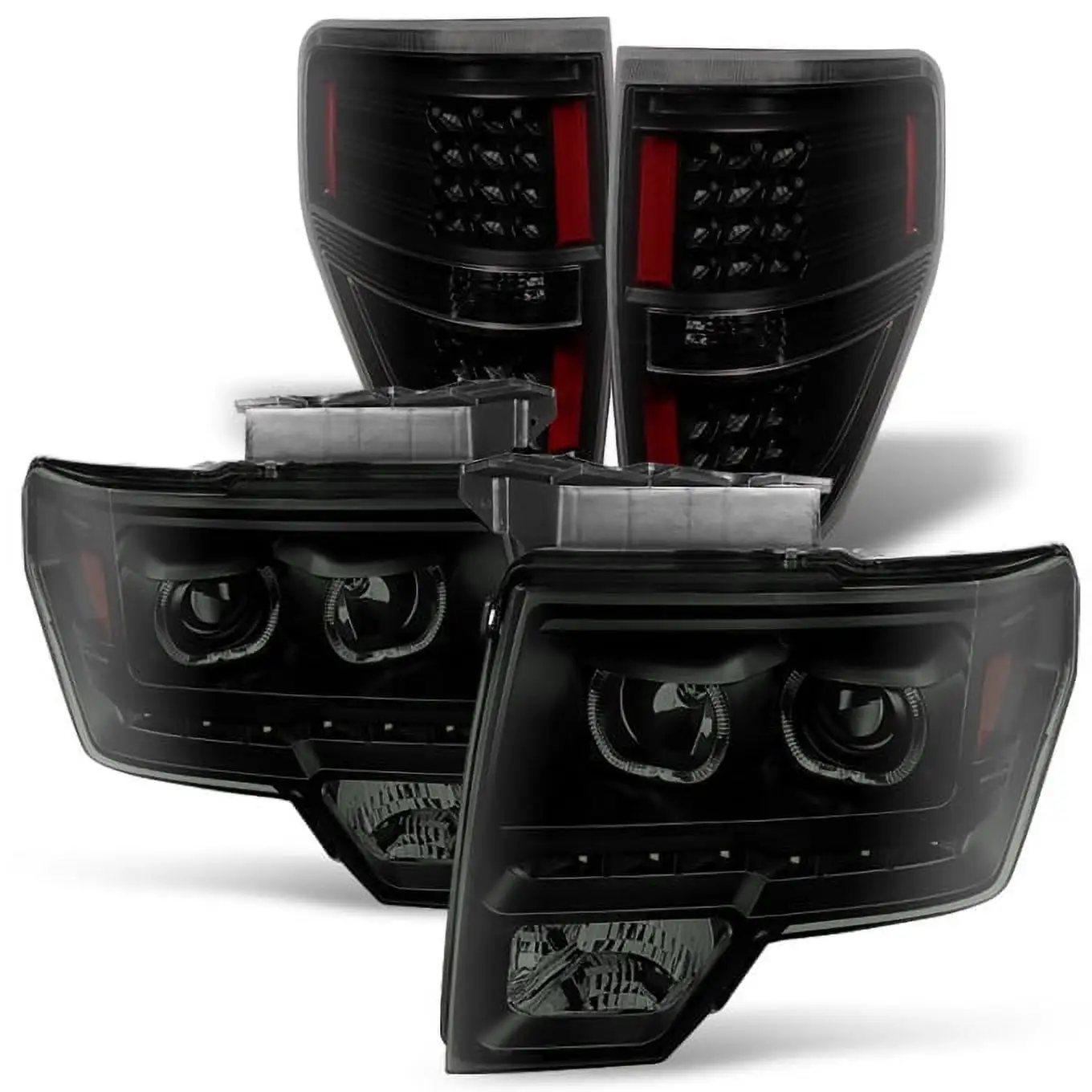 AKKON - For [Dual LED Halo Ring] 09-14 F150 F-150 Pickup Truck Black Smoked Projector Headlights + LED Tail light Set