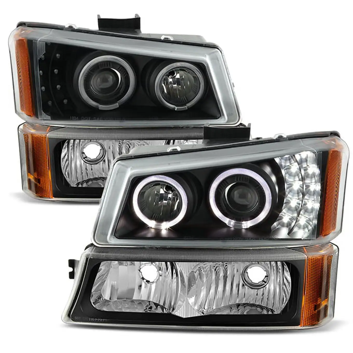 AKKON - For [Dual LED Halo Ring] 2003 - 2007 Chevy Silverado | 2003 - 2006 Avalanche Projector Headlights + Corner Bumper Lamp