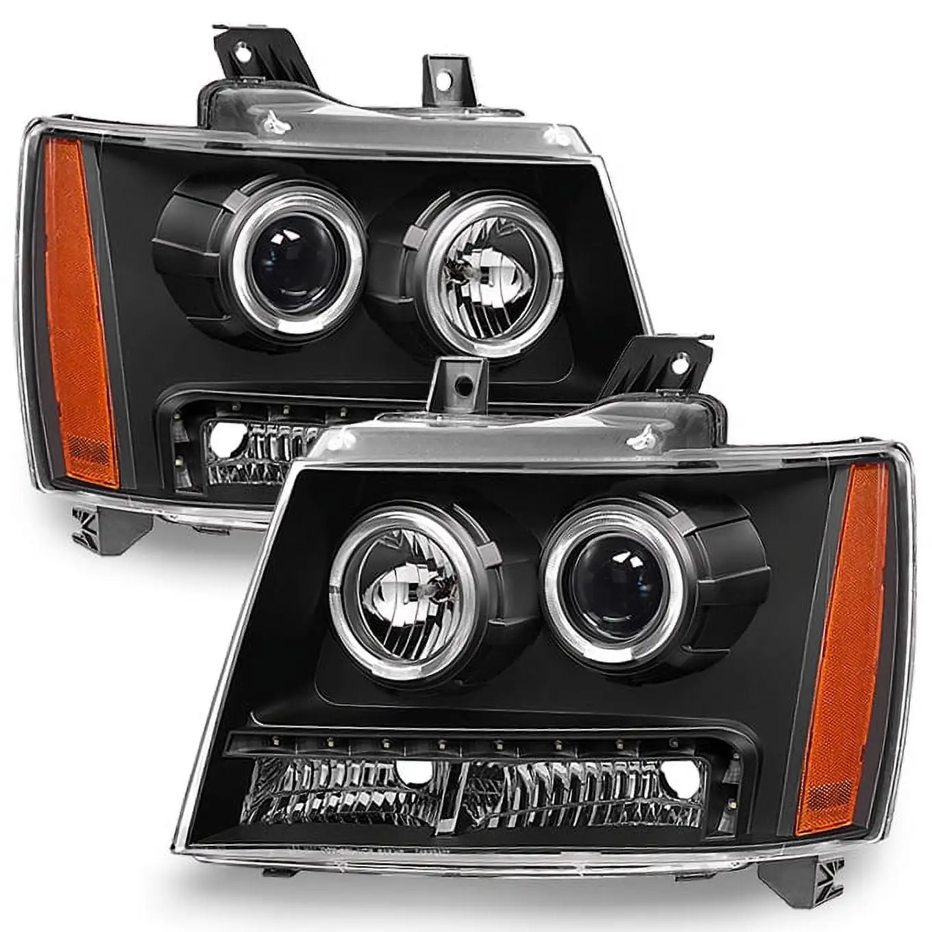 AKKON - For [Dual LED Halo Ring] 2007-2014 Chevy Suburban | Tahoe | Avalanche Black Housing Projector Headlights Lamps Pair