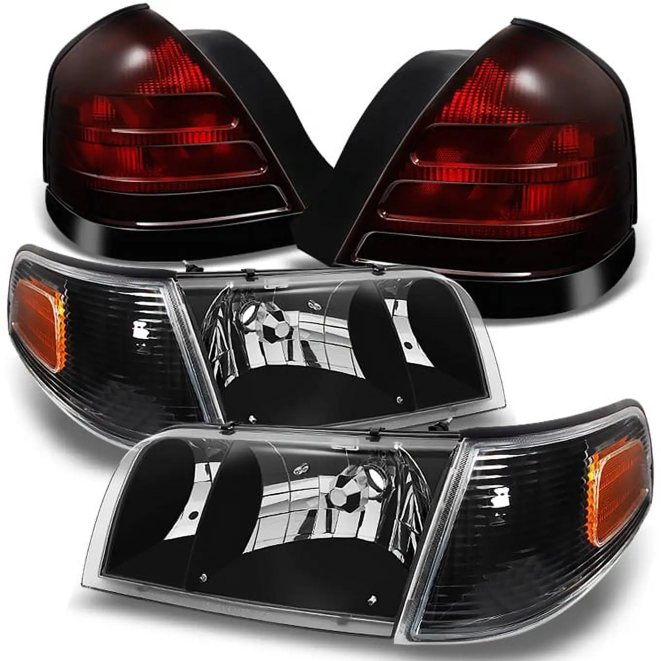 AKKON - For Ford Crown Victoria Black Headlights Repalcement Pair + Dark Red 2 Bulb Socket Tail Lights Combo Set