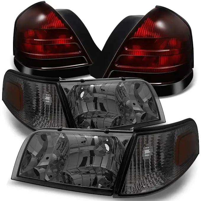 AKKON - For Ford Crown Victoria Smoke Headlights Repalcement Pair + Dark Red 2 Bulb Socket Tail Lights Combo Set