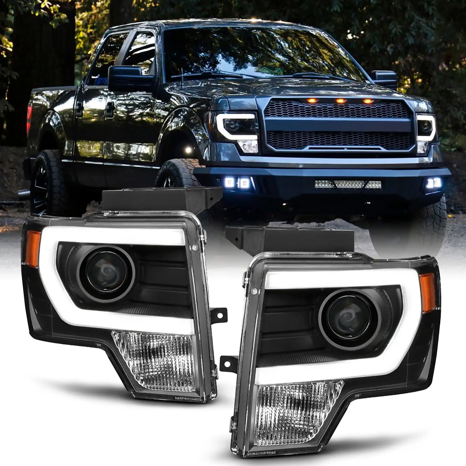 AKKON - For [HALOGEN UPGRADE] 09-14 Ford F-150 F150 Light Duty Pickup Black Bazel C-Shape LED light Tube Projector Headlights