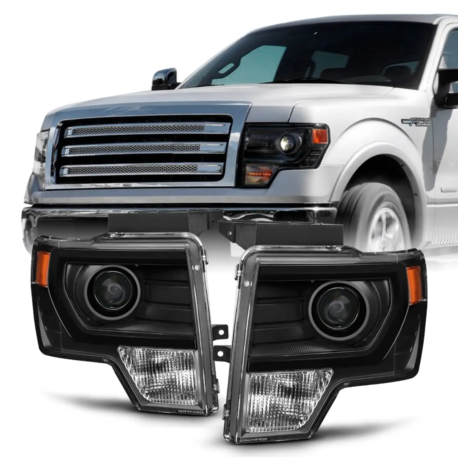 AKKON - For [HALOGEN UPGRADE] 2009 - 2014 Ford F-150 F150 Light Duty Pickup Truck Black Bazel Projector Headlights Pair Set