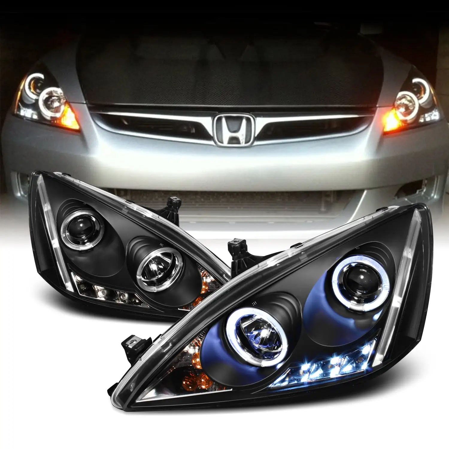 AKKON - For Honda Accord Black Bezel Dual Halo Ring DRL LED Projector Headlights Front Lamps Replacement Pair