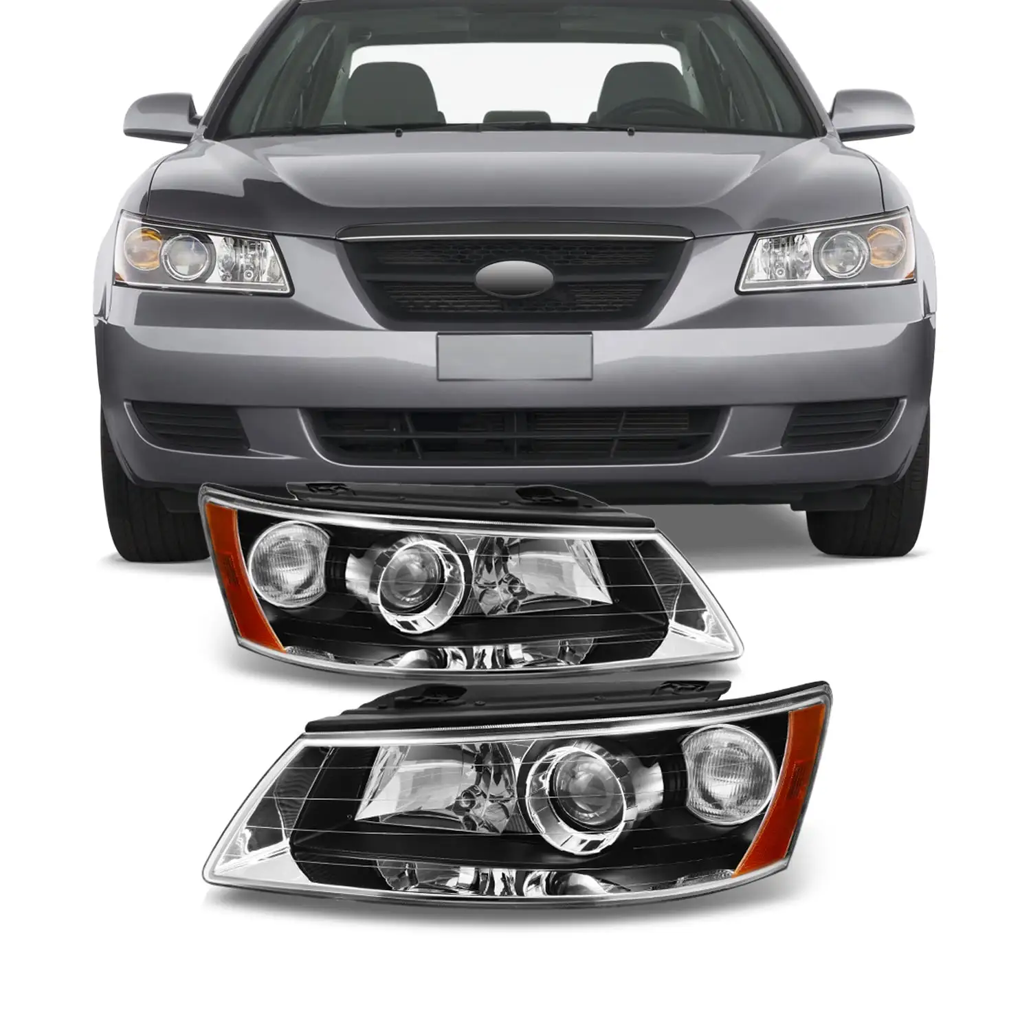 AKKON - For Hyundai Sonata Black Bezel Projector Headlights Headlamps Front Lamps Replacement Pair Left + Right