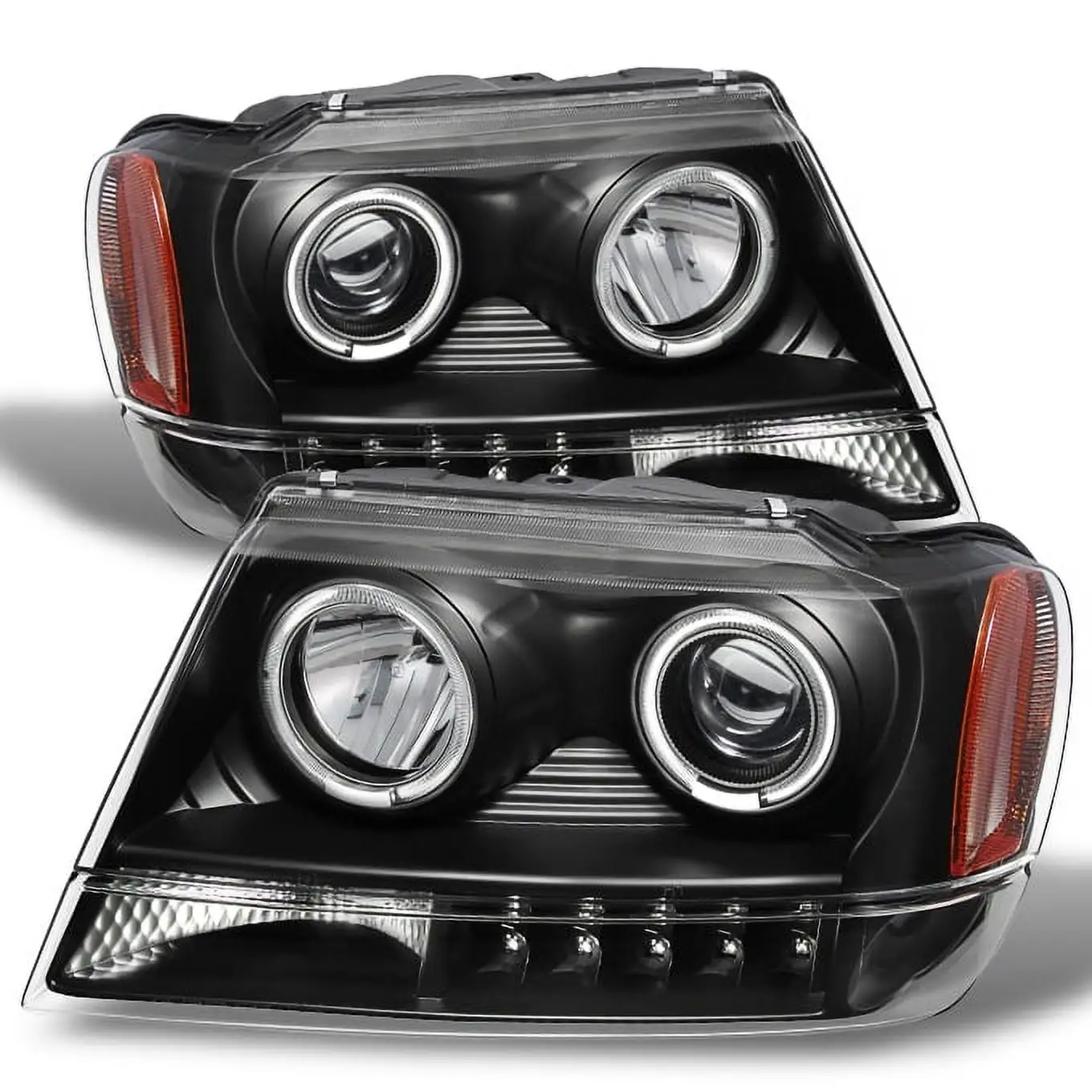 AKKON - For Jeep Grand Chrokee Black Bezel Dual Halo Ring DRL Daylight LED Projector Headlights Replacement Pair