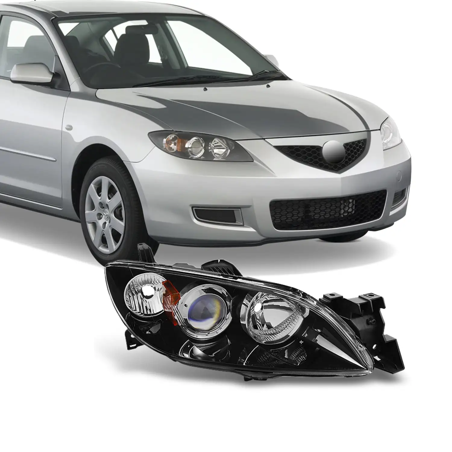 AKKON - For Mazda 3 Mazda3 4 Doors Sedan Black Bezel Projector Headlights Headlamps Passenger/Right Replacement