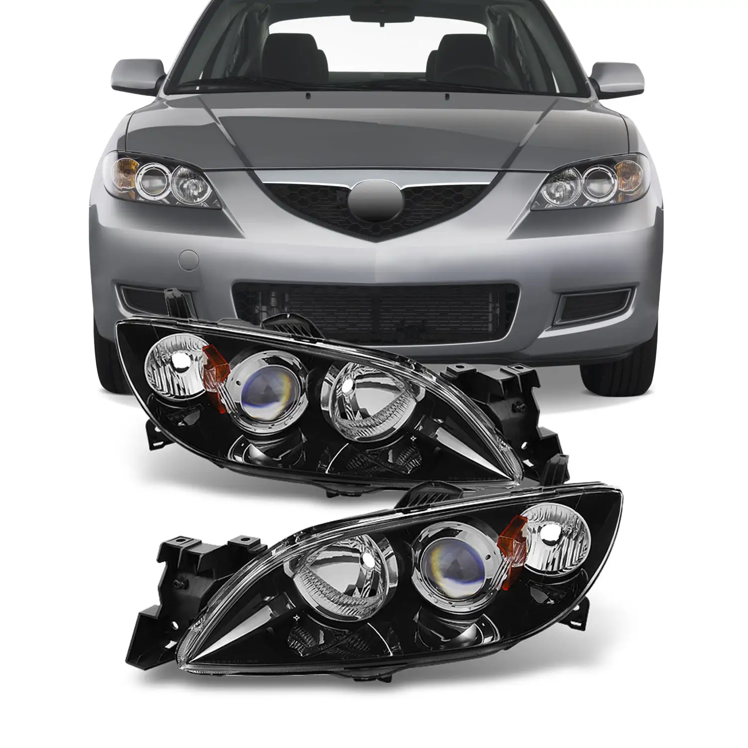 AKKON - For Mazda 3 Mazda3 4 Doors Sedan Black Bezel Projector Headlights Headlamps Replacement Left + Right