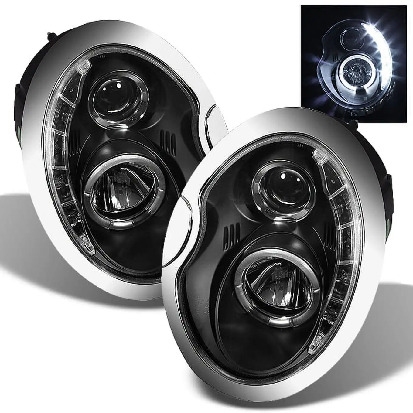 AKKON - For Mini Cooper Sport Coupe Black Bezel DRL Daylight LED Halogen Type Projector Headlights Replacement