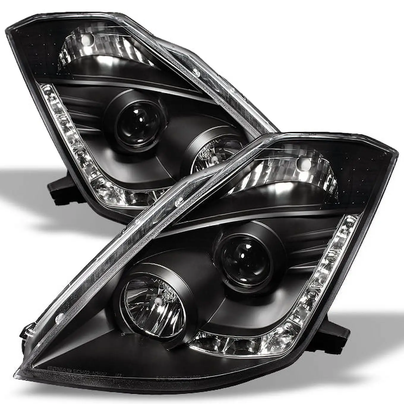 AKKON - For Nissan 350Z Fairlady Z33 Black Bezel DRL Daylight LED Strip Halogen Type Projector Headlights Pair