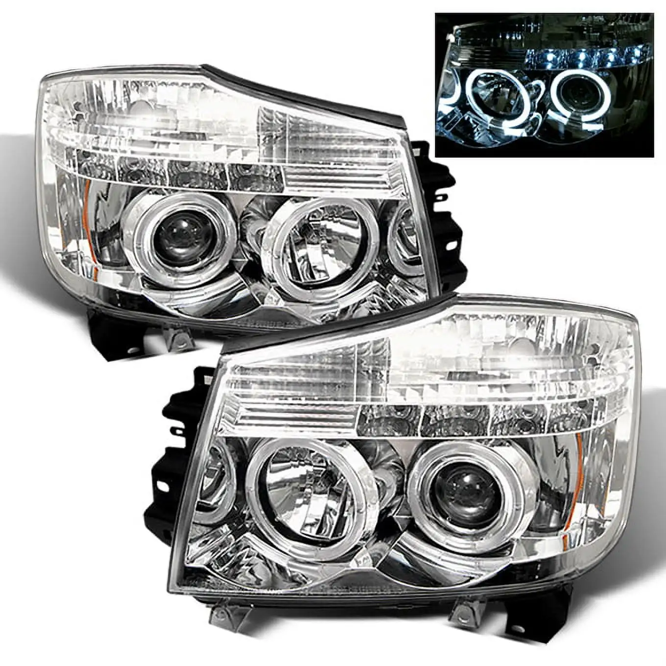 AKKON - For Nissan Titan Armanda Chrome Clear Dual Halo Projector LED Headlights Front Lamps Replacement Pair