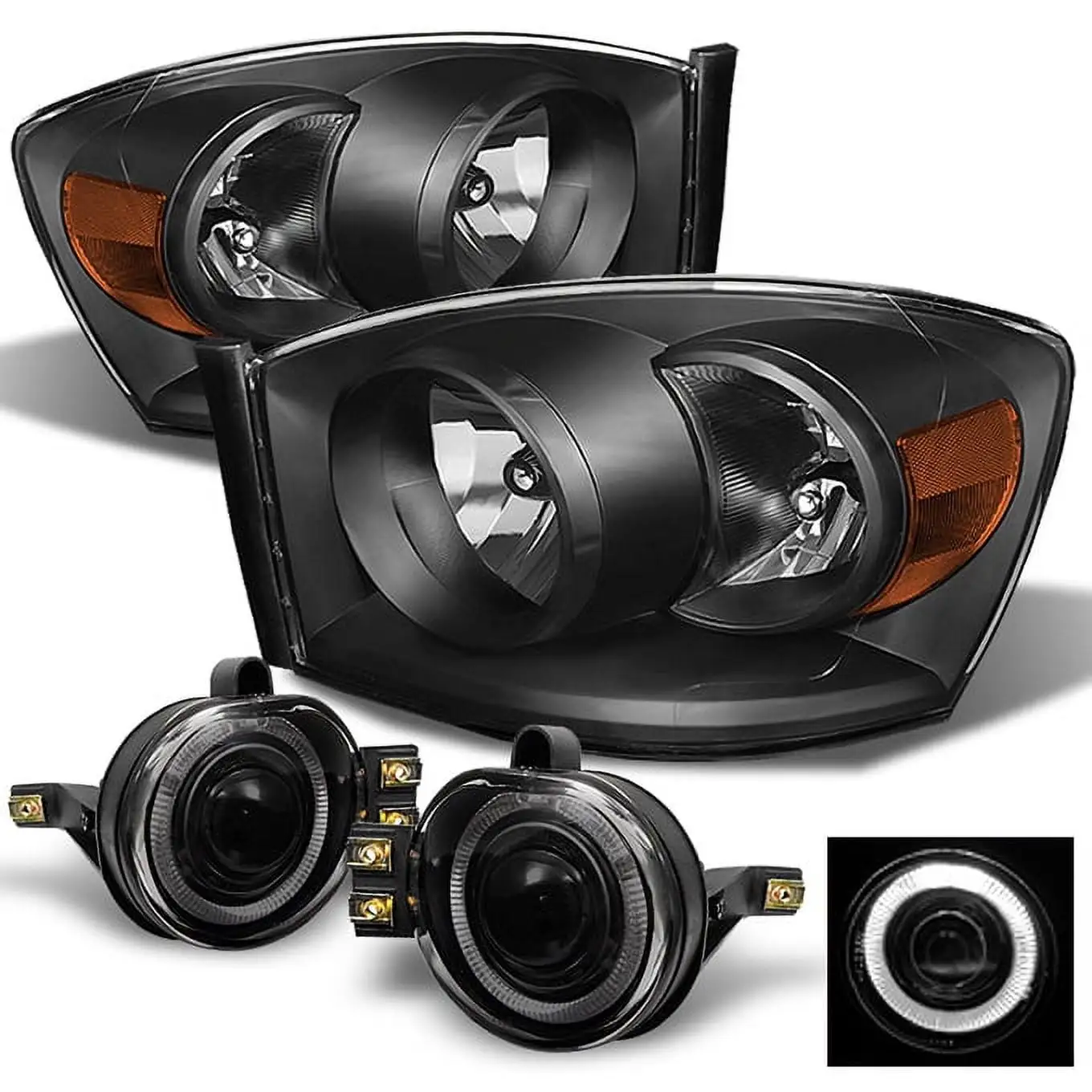 AKKON - For Pickup Truck 06-08 Ram 1500 | 06-09 2500 3500 Black Headlights + Smoked Halo Projector Fog Light