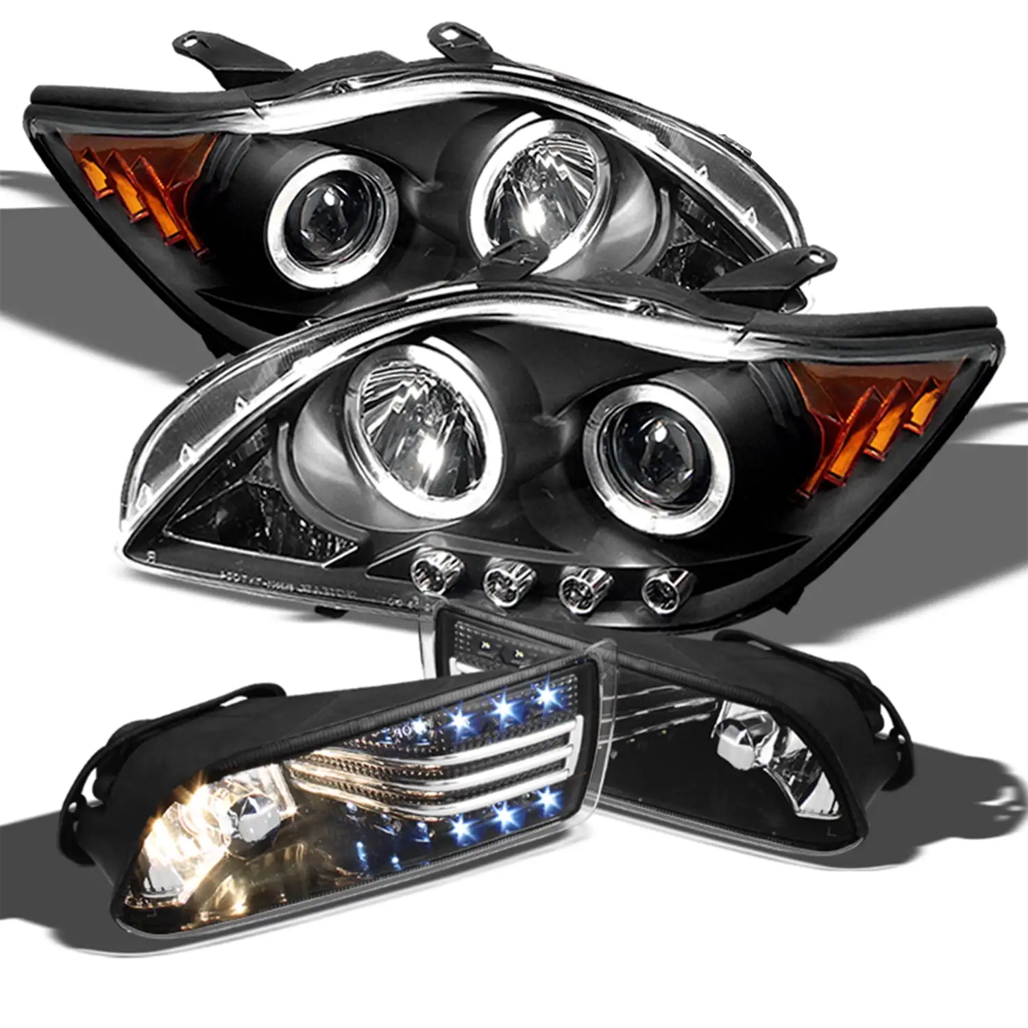 AKKON - For Scion tC Sport Coupe Black Bezel Dual Halo Projector LED Headlights Replacement+LED Strip Style Fog Lights