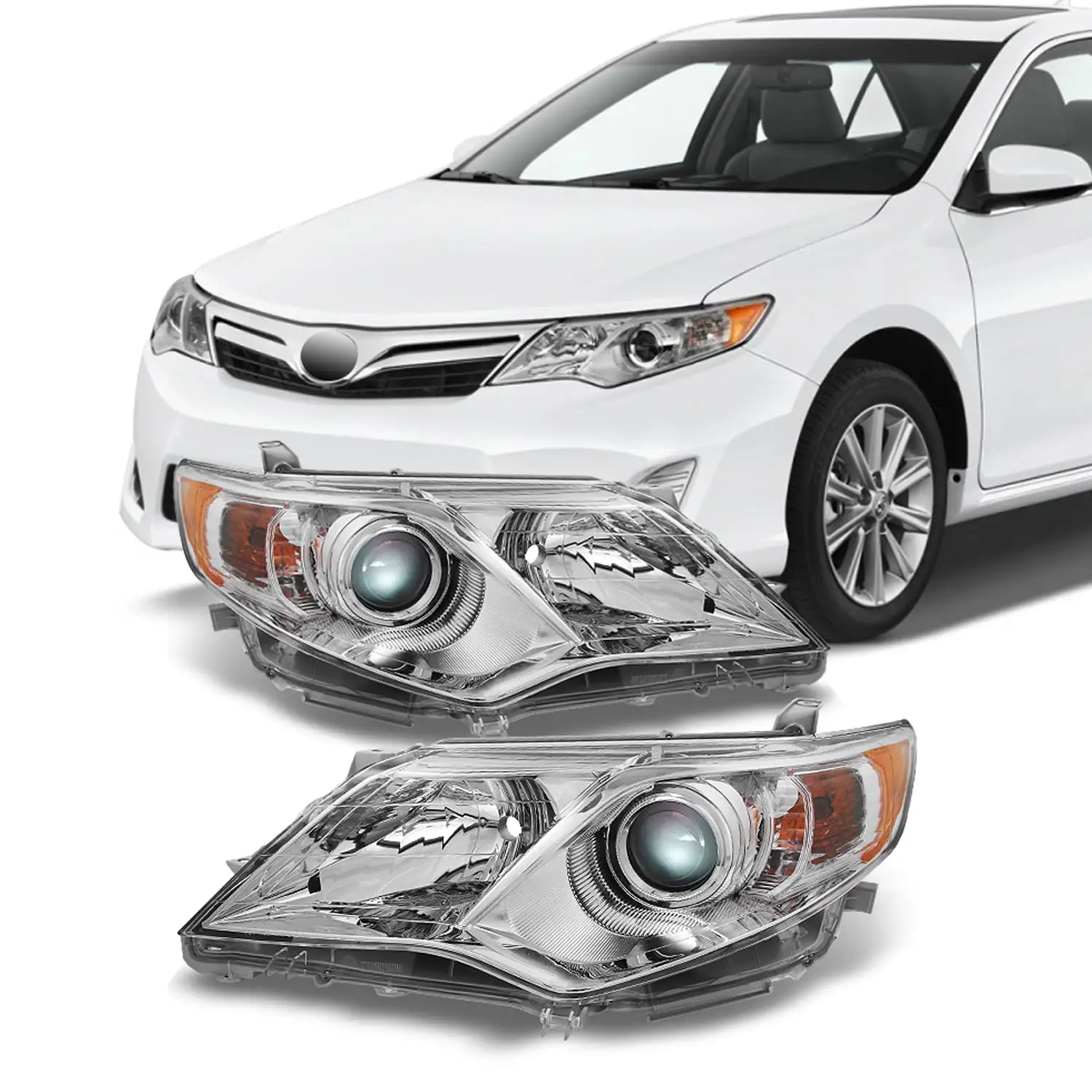 AKKON - For Toyota Camry Chrome Clear Projector Headlights Driver Left + Passenger Right Side Replacement Pair