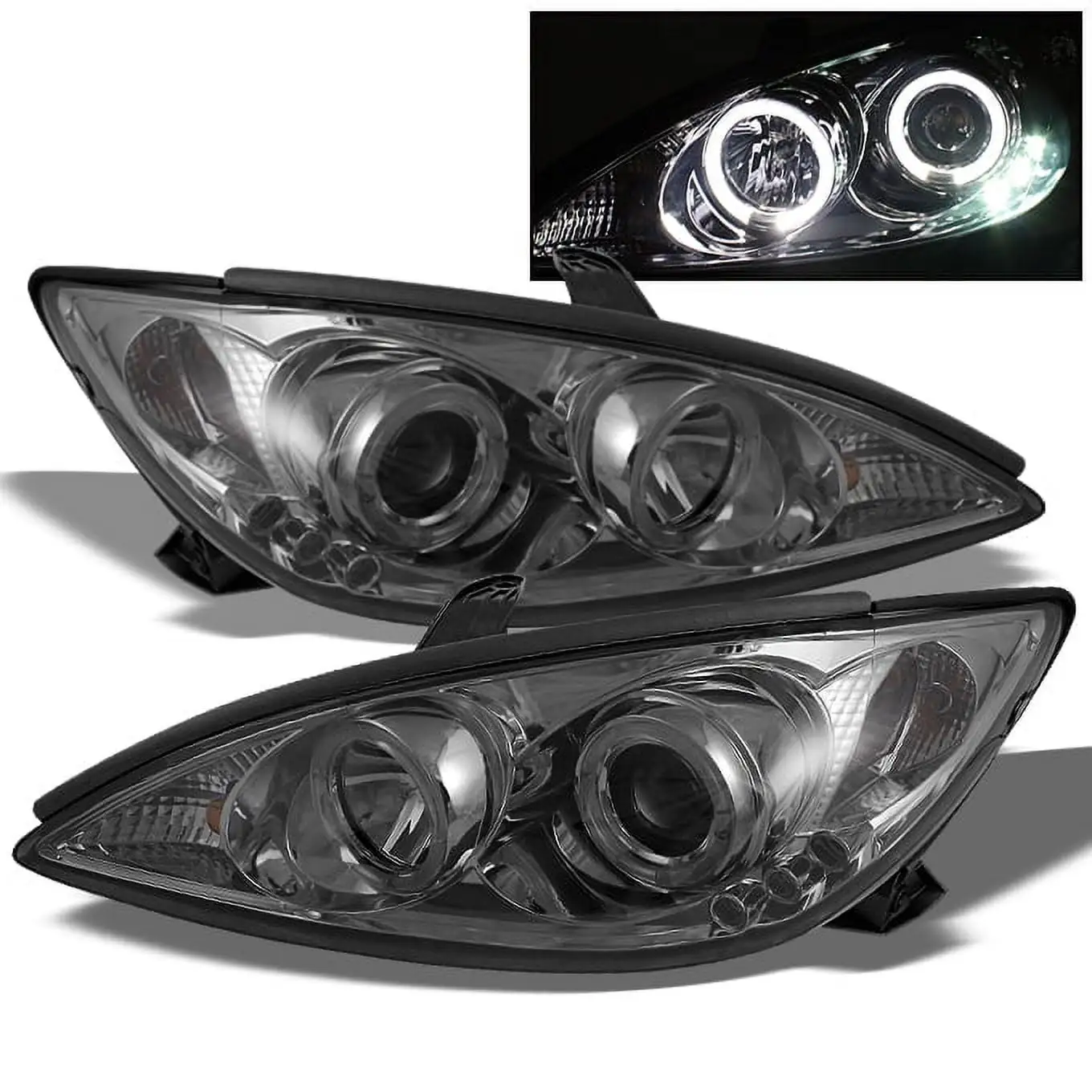 AKKON - For Toyota Camry Smoked Smoke Lens Dual Halo Ring Projector Replacement Headlights Front Lamps Left/Right Set