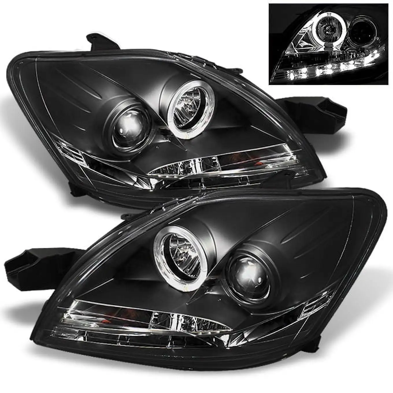 AKKON - For Toyota Yaris Black Bezel Halo Ring DRL Daylight LED Strip Projector Headlights Front Lamps Pair Set