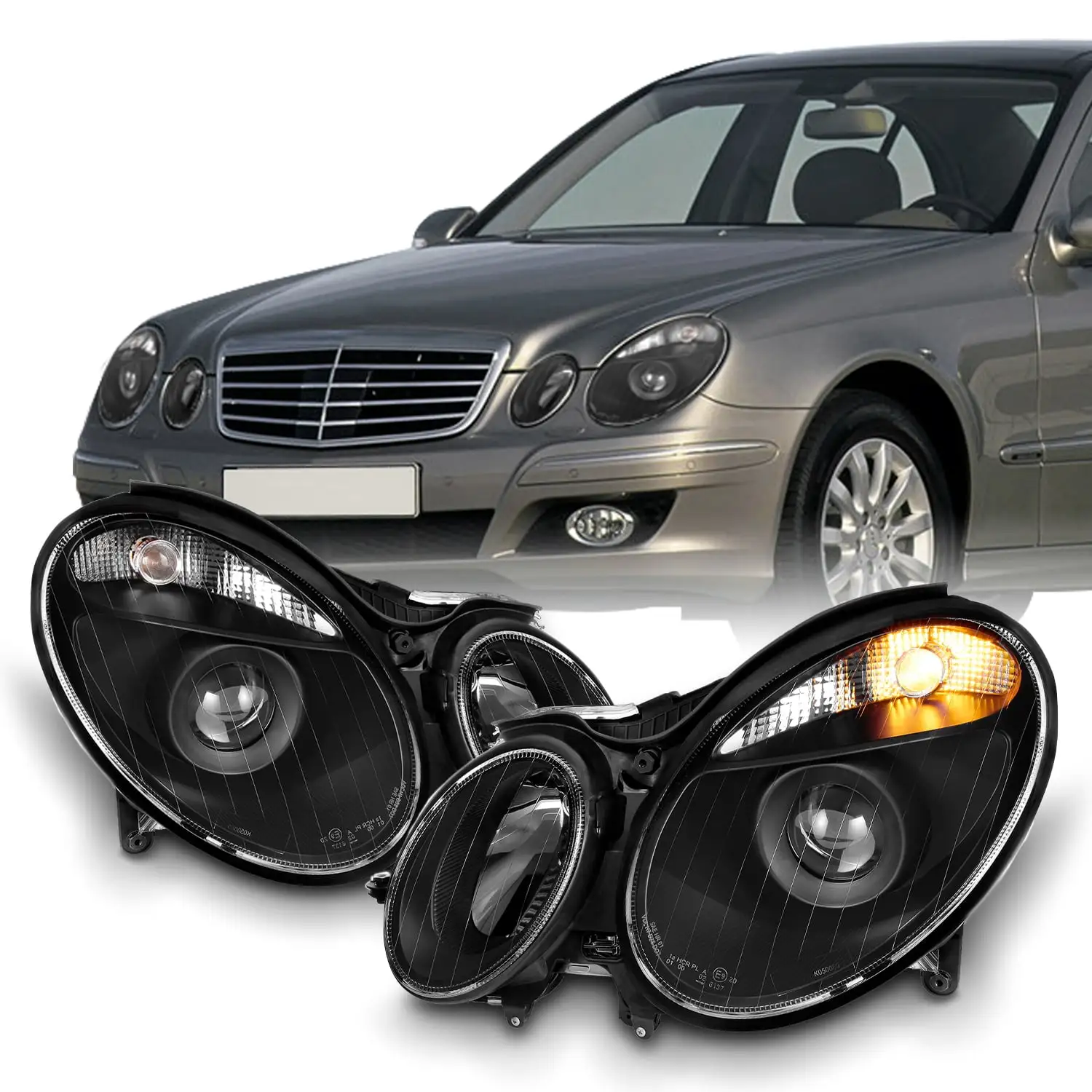 AKKON - For W211 Benz E-Class Halogen Type Black Projector Headlights Left + Right Side Replacement Pair Set