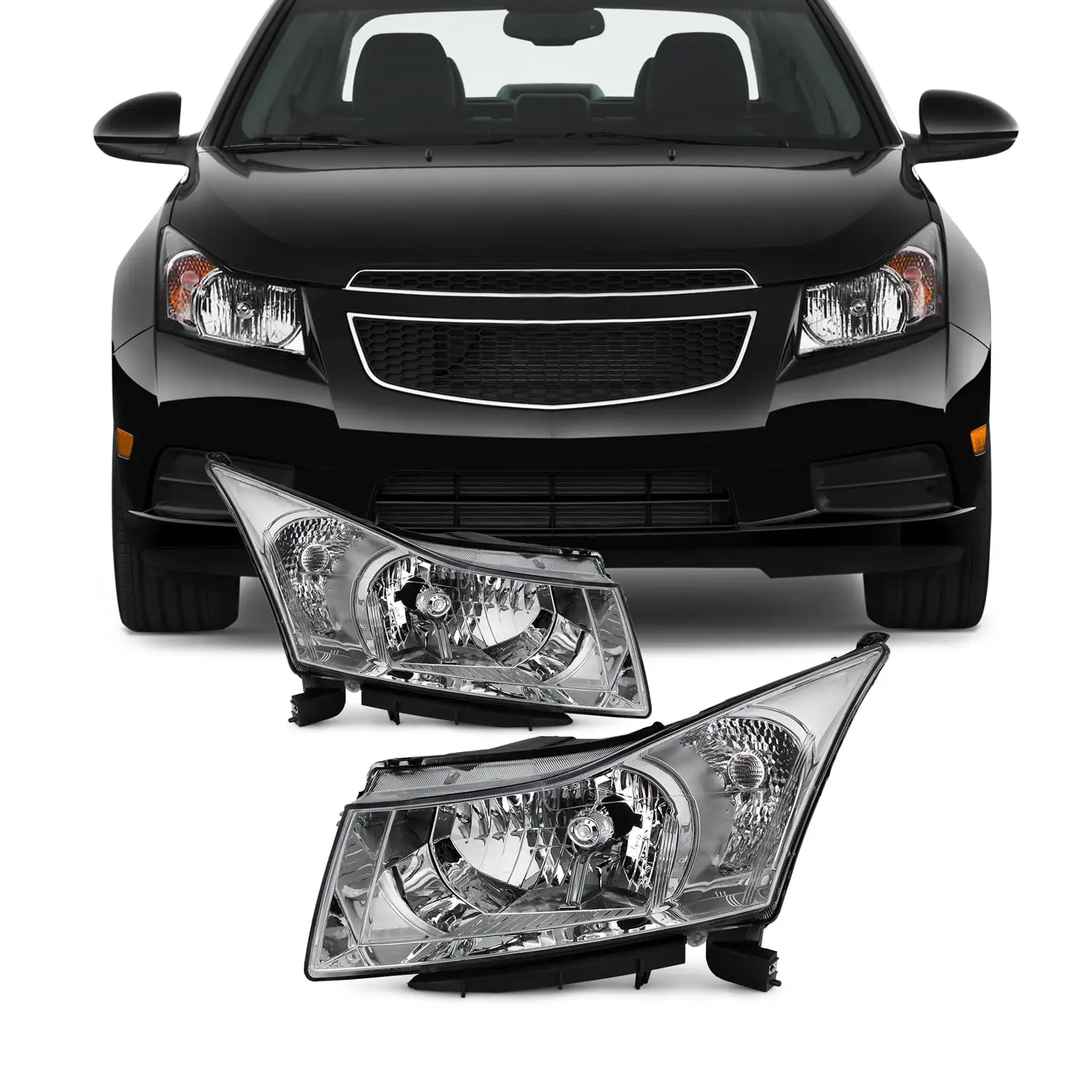 AKKON - [Halogen Type] Chrome Fits 2011-2015 Chevy Cruze headlights Pair Left Driver+Right Passenger 11 12 13 14 15