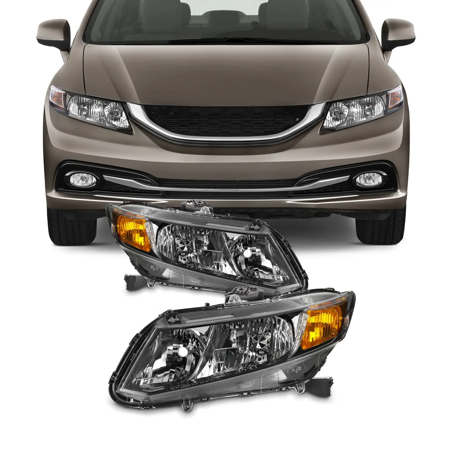 AKKON - [Halogen Type] Fits 2012-2015 Civic Sedan 4DR / 12 13 Coupe 2DR Headlights Driver Left + Passenger Right Side Pair Set