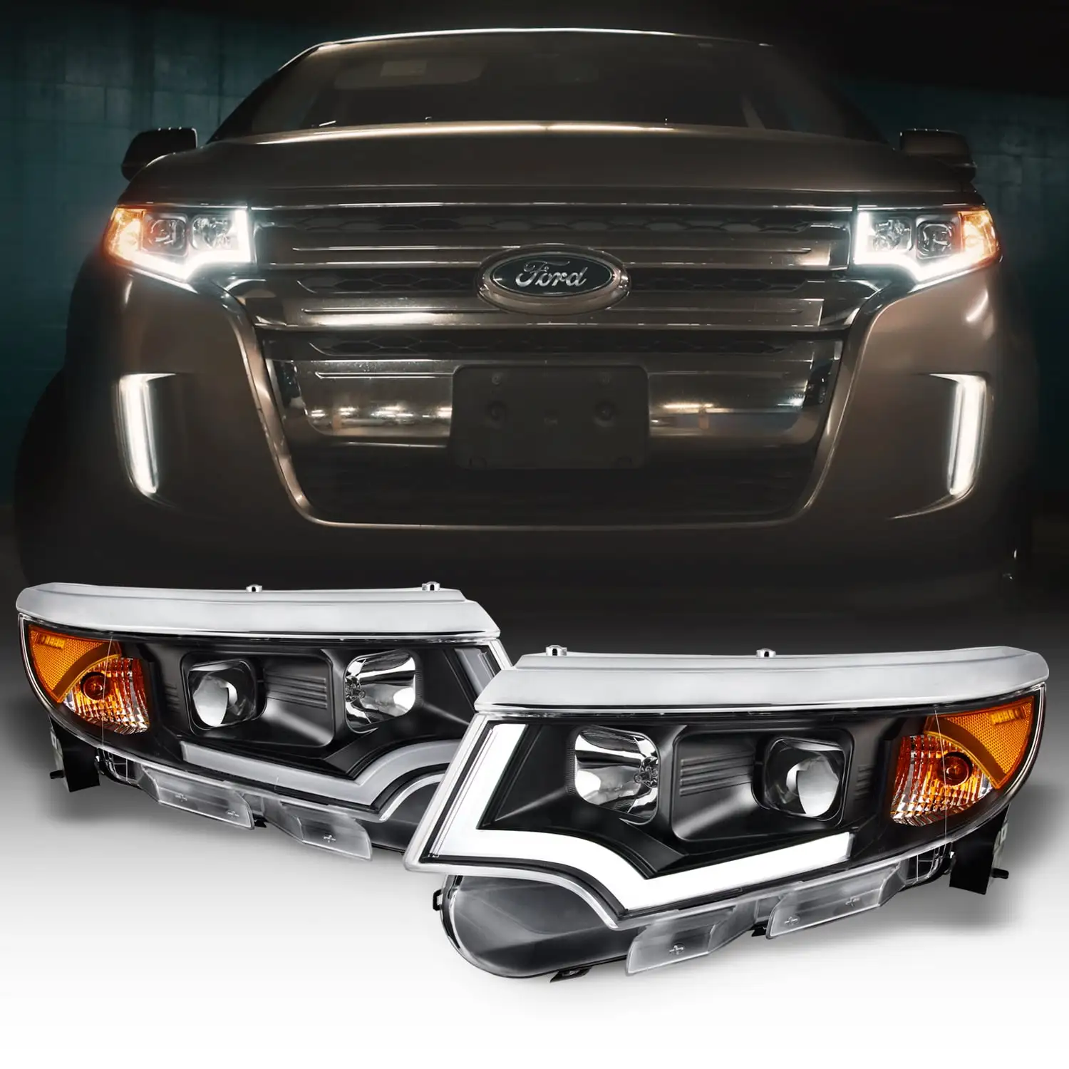 AKKON - LED DRL Black Projector Headlights compatible with 2011-2014 Ford Edge Halogen Type Models