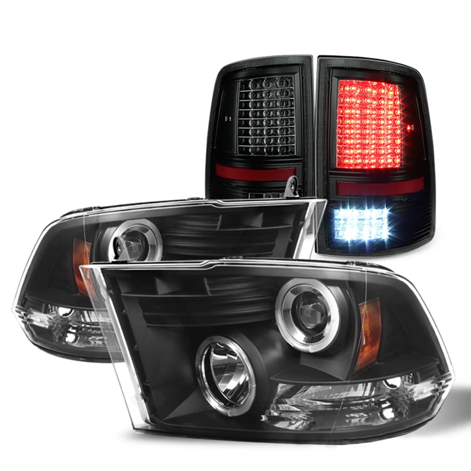 AKKON - [New LED Housing] Fits 2009-2018 Ram Dual Halo DRL Projector Black Housing Headlights + Smoke Tail Lights