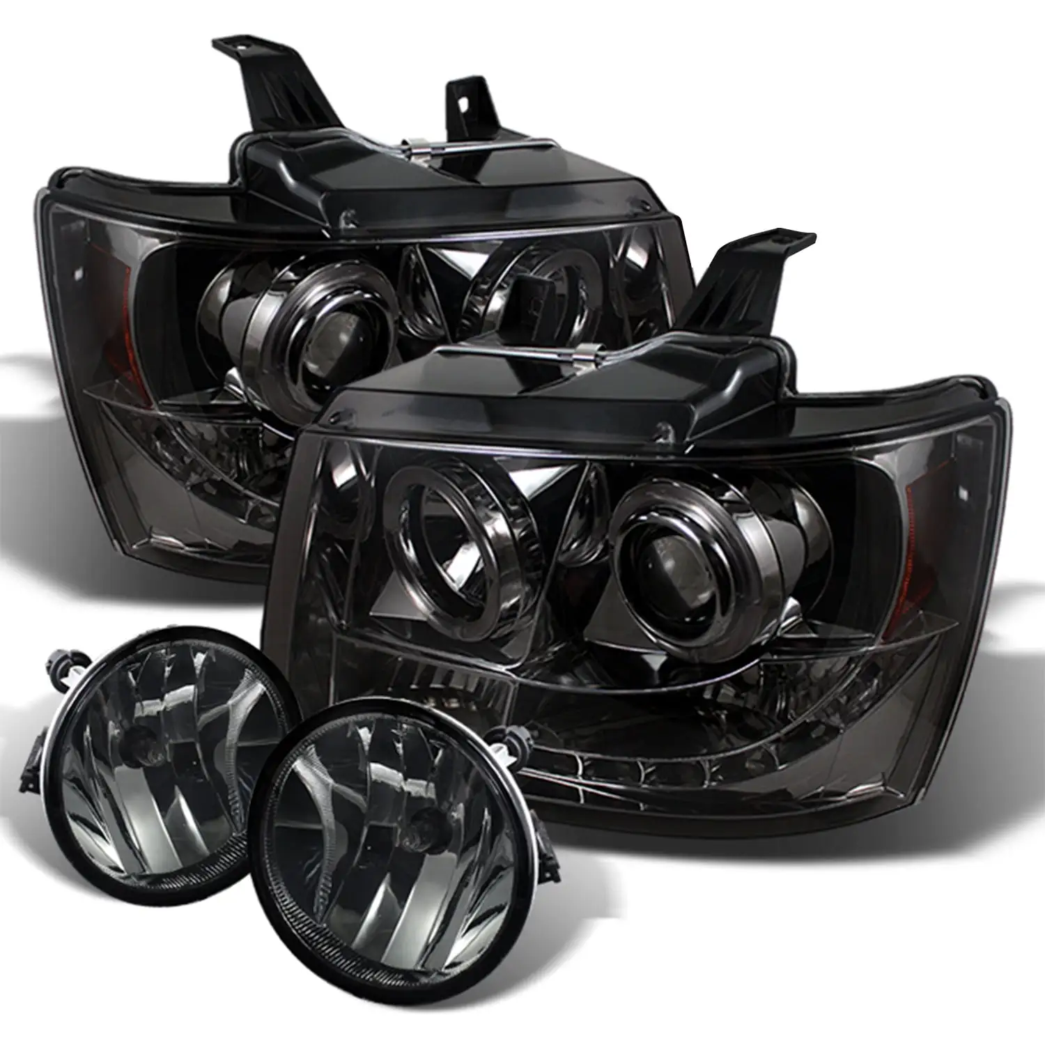 AKKON - [Smoke Lens] Fits 2007-2011 Tahoe Avalanche Suburban LED Dual Halo Projector Headlights + Fog Lights Set