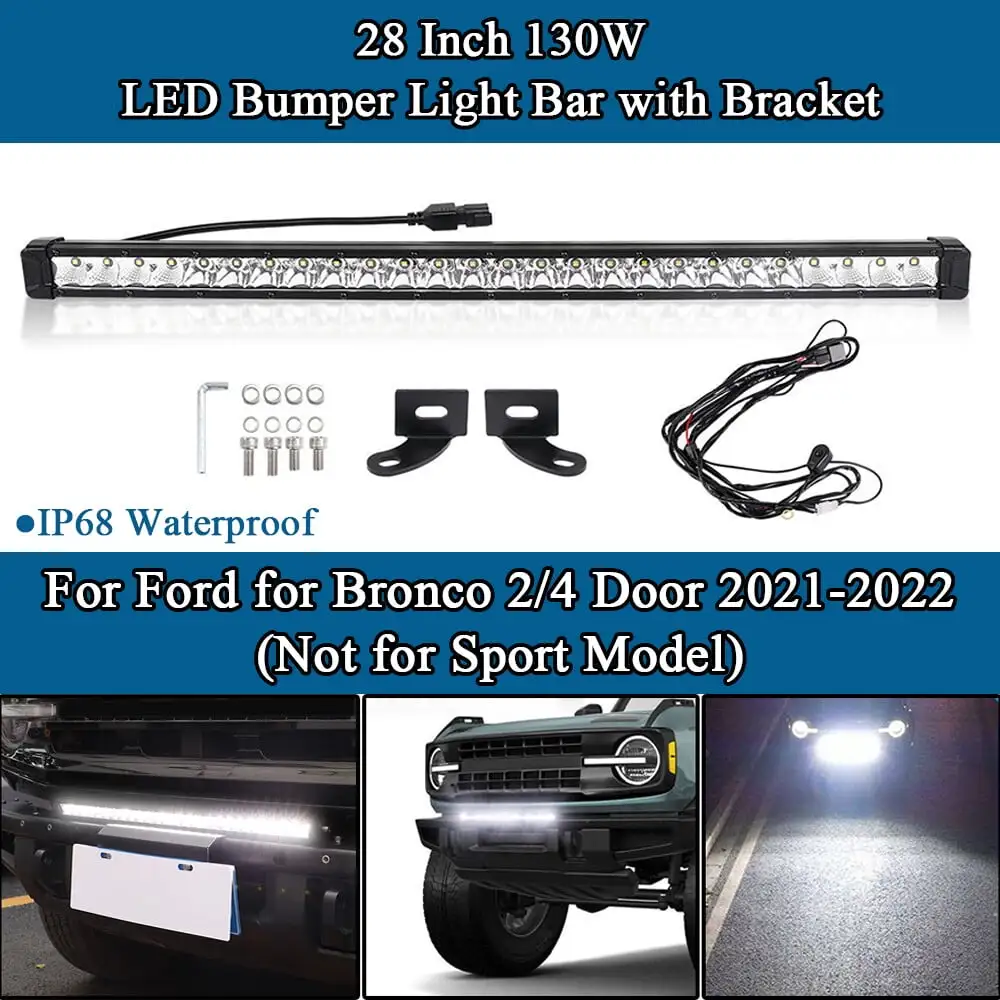 ALLTIMES 28 Inch 130W LED Bumper Light Bar with Bracket for Ford for Bronco 2/4 Door 2021-2022. Aluminium Alloy IP68 Waterproof White Light