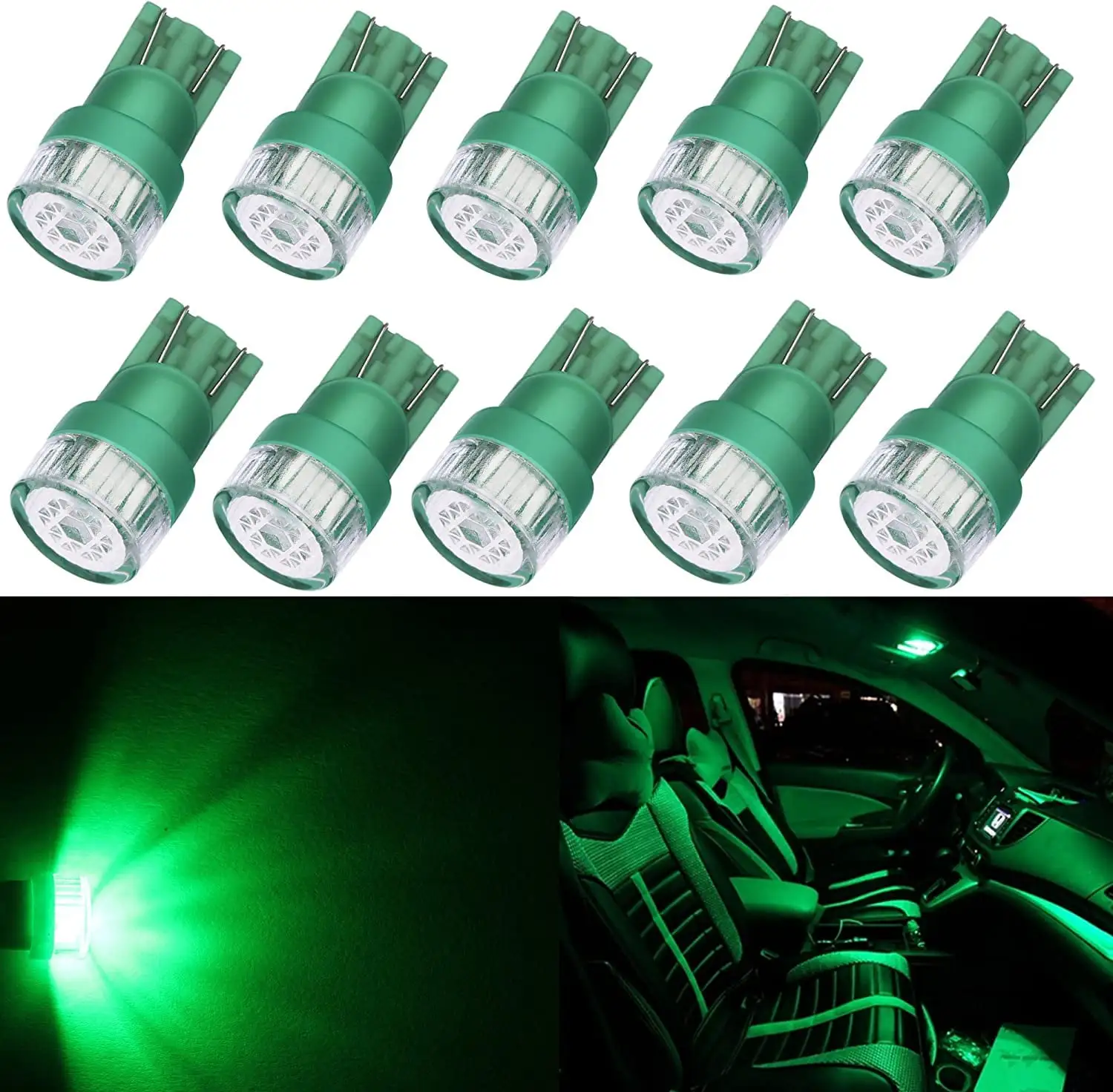 Alla Lighting 10pcs 2W High Power Super Bright 194 168 2825 175 W5W LED Bulbs -- Green Miniature T10 Wedge SMD LED Lights