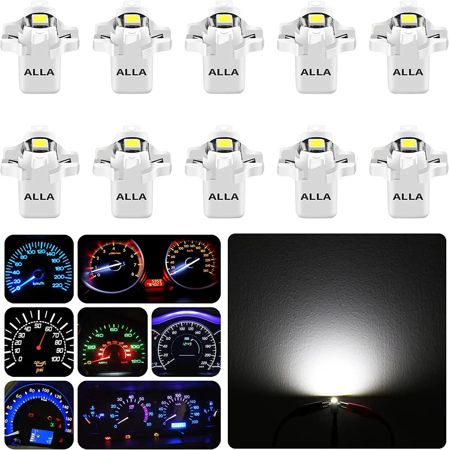 Alla Lighting 10pcs B8.3d Base Car Truck Dashboard Instrument Panel Gauge Cluster LED Lights Bulbs. Super Bright White WLJH T4.2 LED Bulb PC195 PC194 PC168