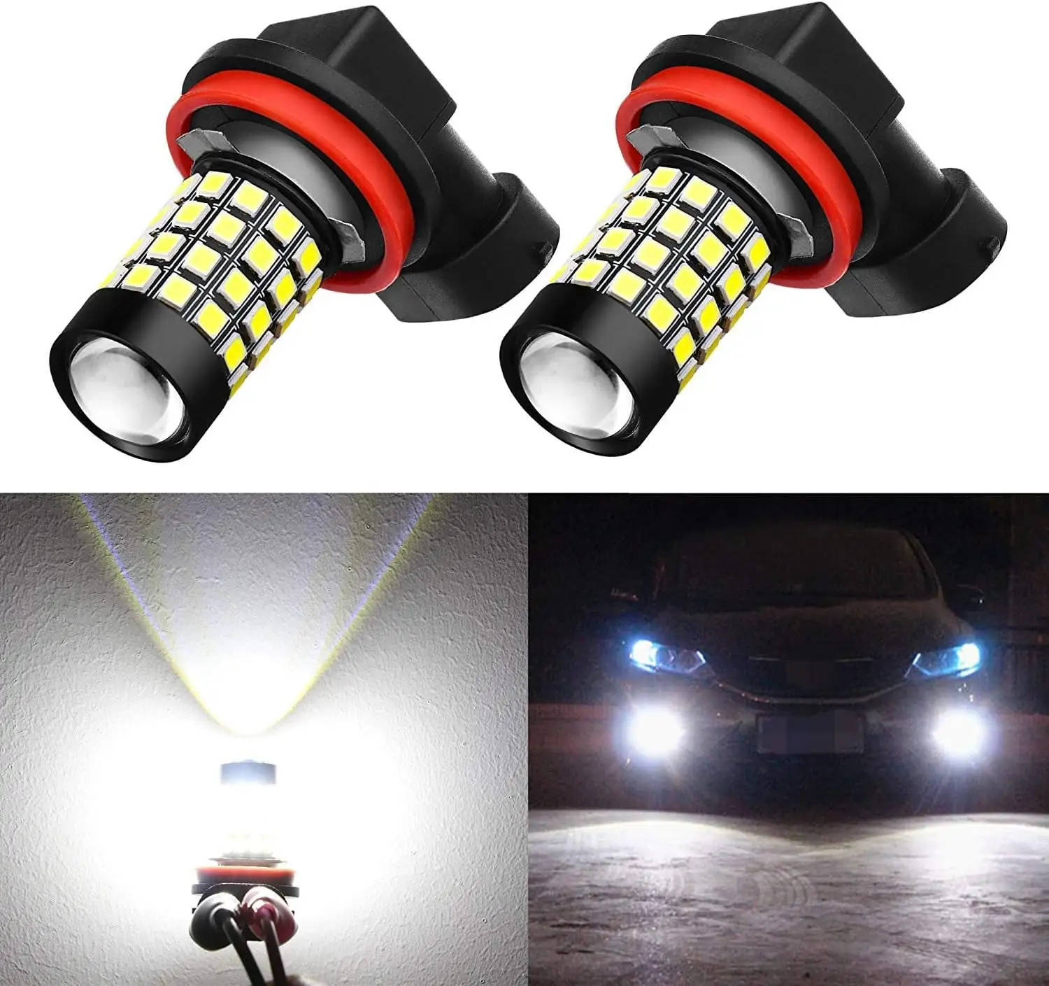 Alla Lighting 2000Lm H8 H16 H11 LED Fog Lights Bulbs 2835 51-SMD Super Bright H8 H11 LED Bulbs 12V H11 H8 Fog Light Replacement for Cars. Trucks. 6000K Xenon White