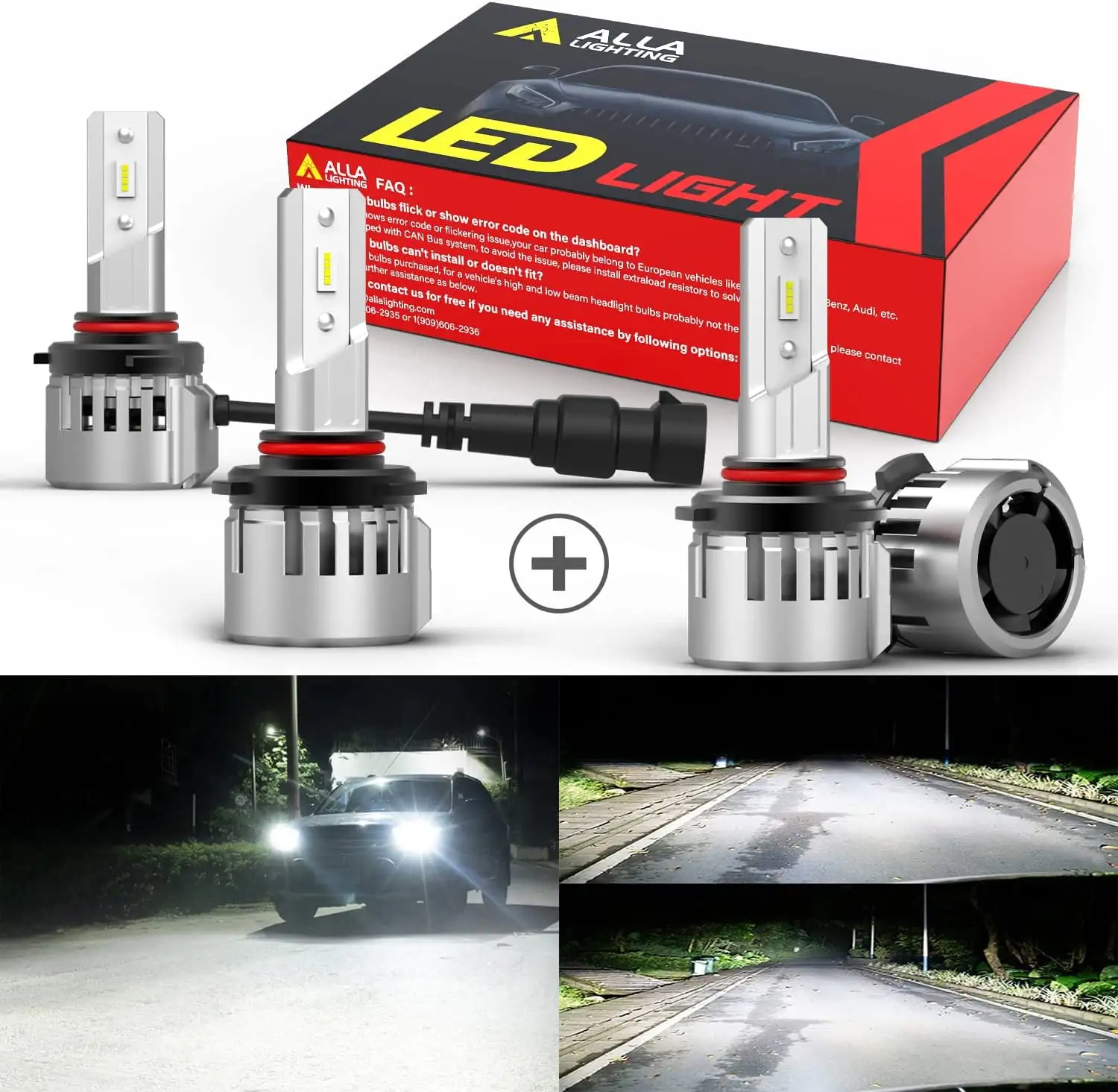 Alla Lighting 9006(HB4) 9005(HB3_ LED Headlights Bulbs Combo High Beam. Low Beam Replacement. 6000K-6500K Xenon White Xtreme Super Bright Conversion Kits