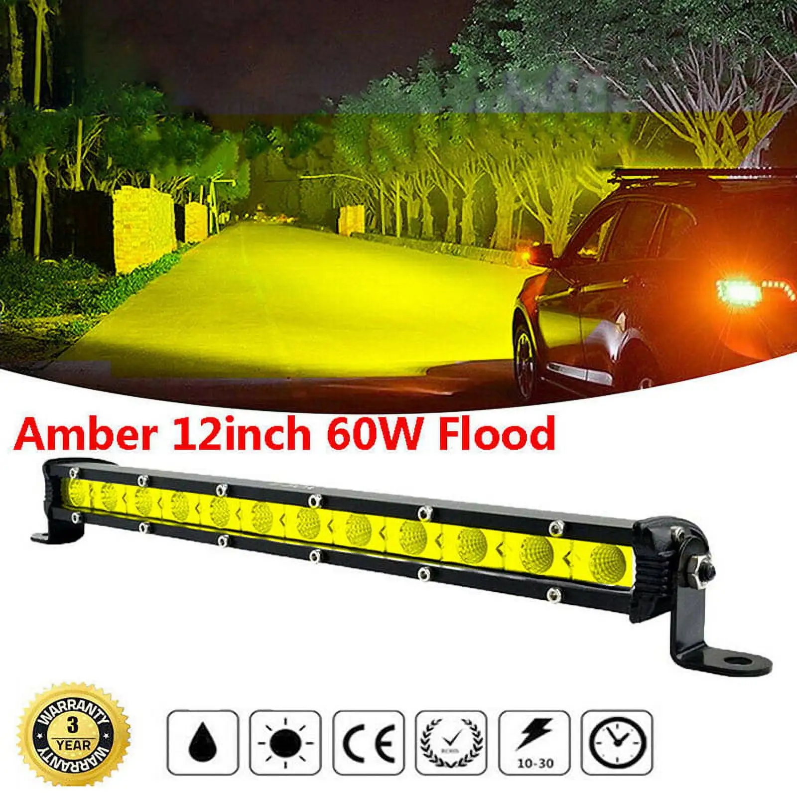 Amber 12inch 60W Flood Slim Single Row Fog LED Work Light Bar Car SUV Truck ATV