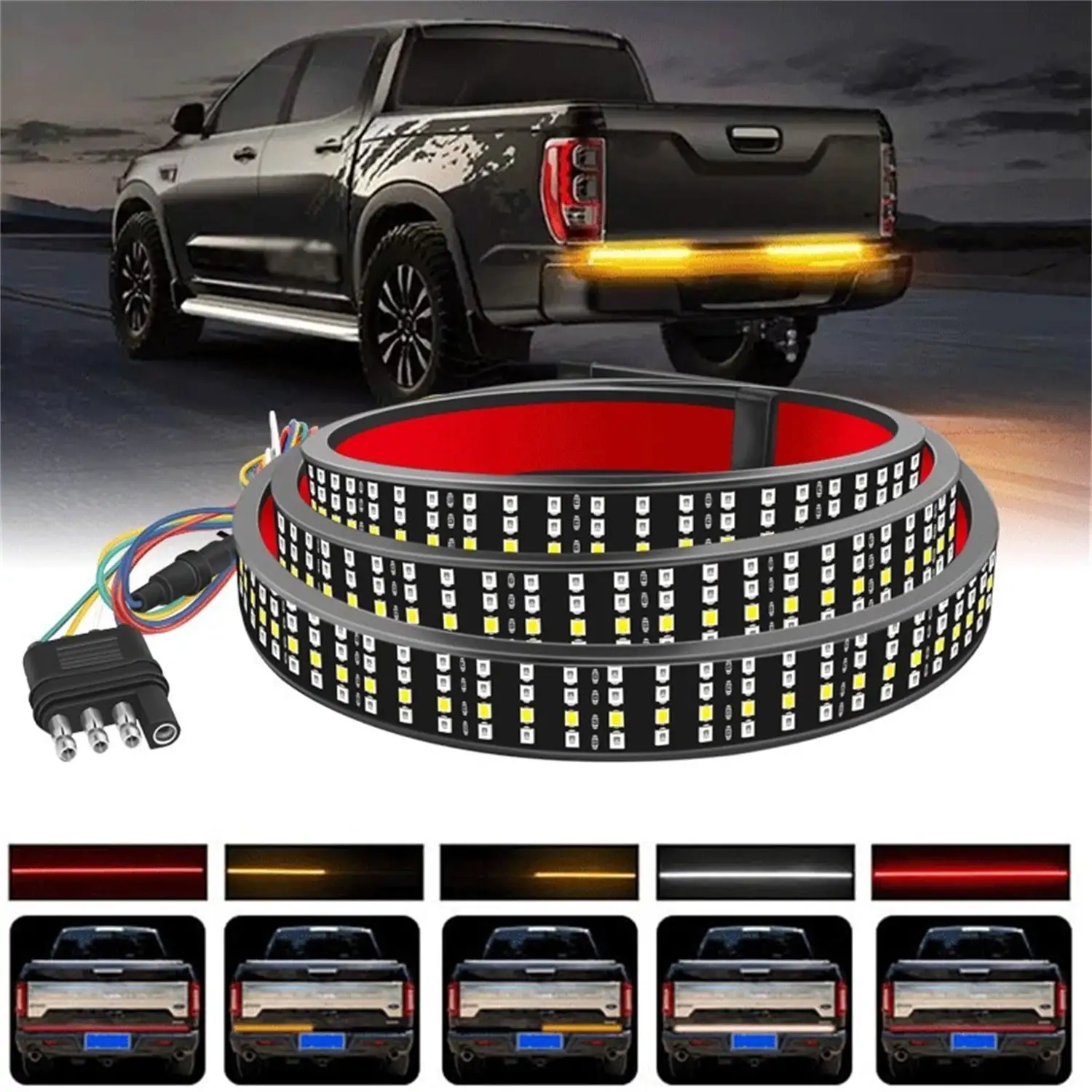 BLUELK 60 Truck Tailgate Light Bar Four Row 648 LED Flexible Strip Running Turn Signal Brake Reverse Tail Light.Red/White