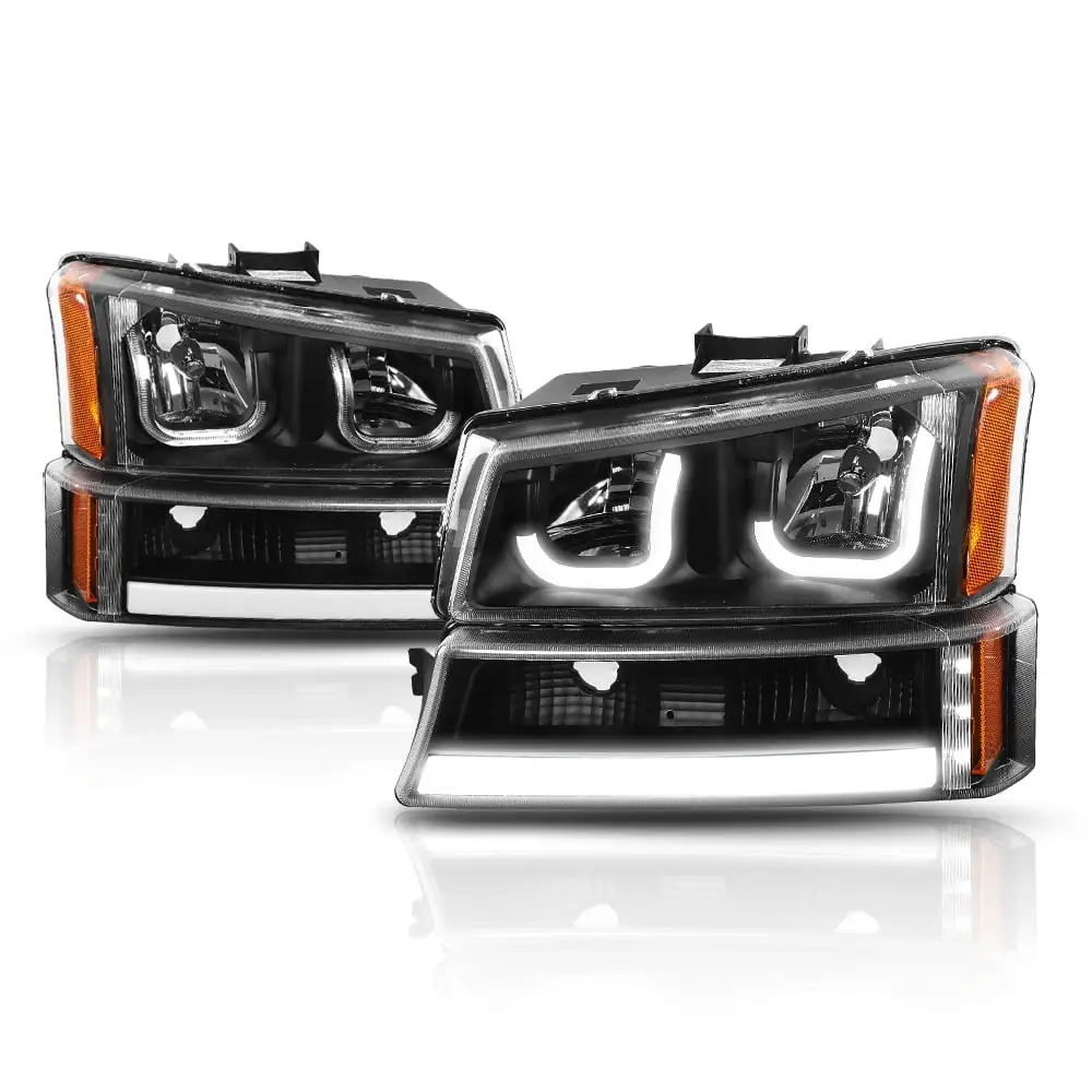 Black Dual 3D J-TUBE Headlight Amber Signal Bumper LED Lamp for 03-07 Silverado 04 05 06