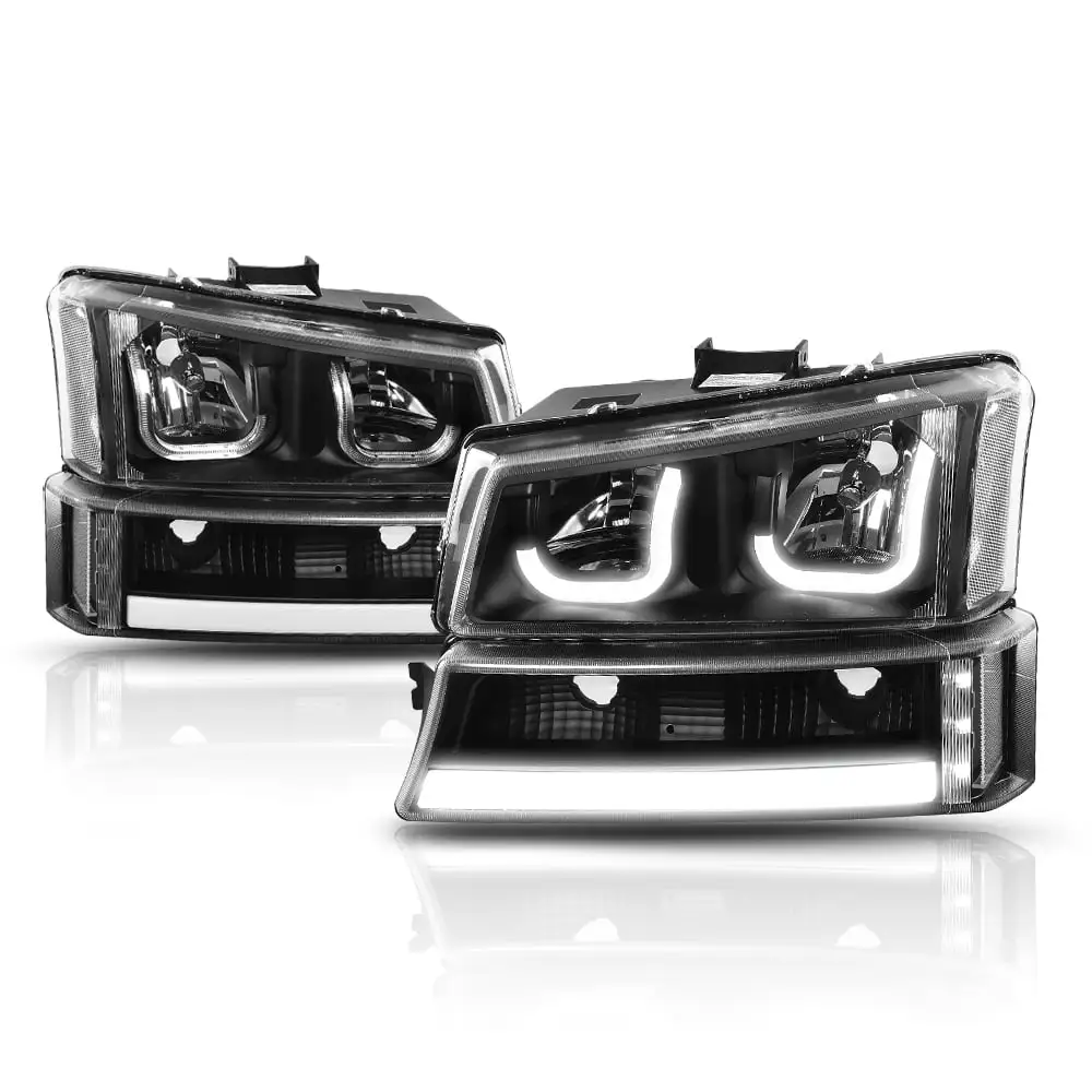 Black Dual 3D J-TUBE Headlight Clear Signal Bumper LED Lamp for 03-07 Silverado 04 05 06