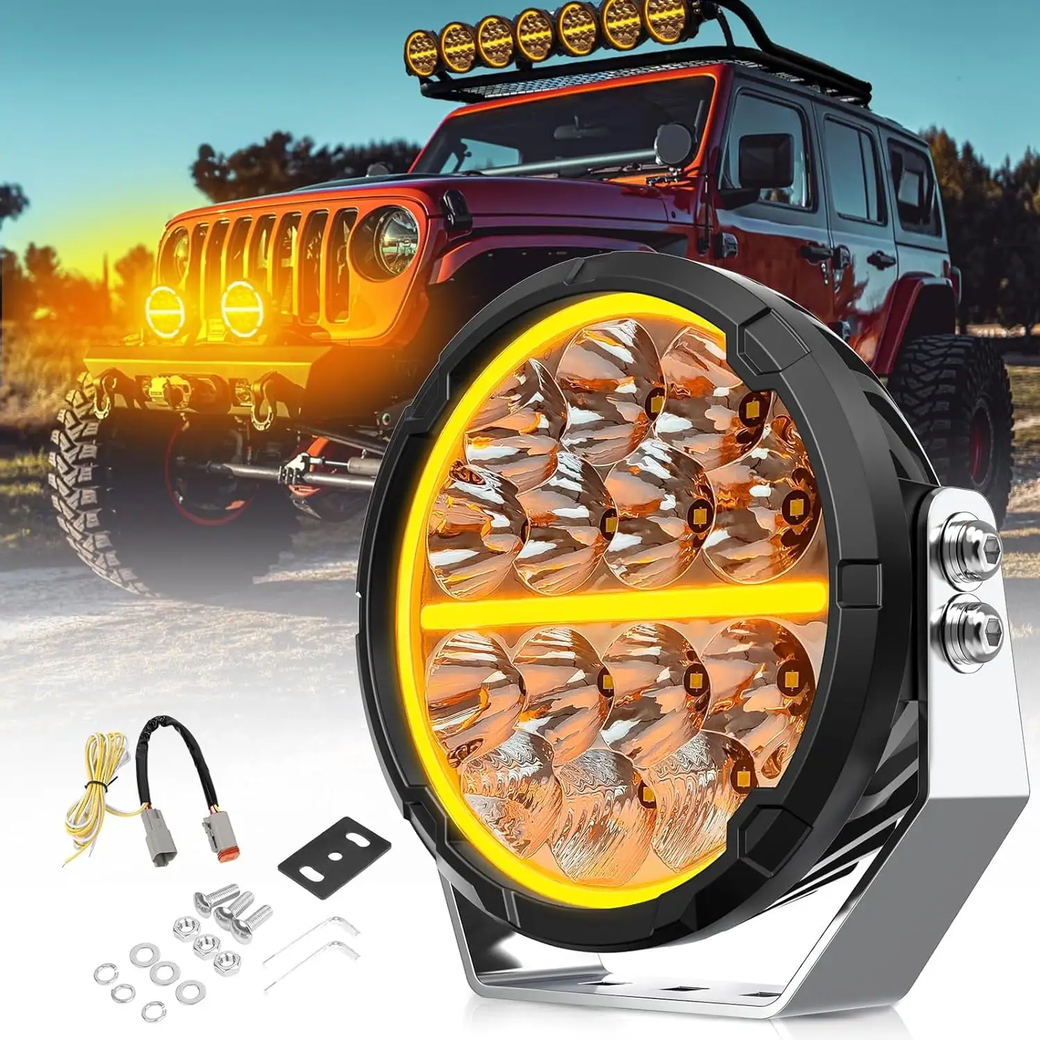 CO LIGHT 1PC Round LED Offroad Lights 6.5 in 70W with White & Amber DRL Spot-Flood Combo 10200LM Output Long Distance Driving Auxiliary Work Pods Cubes Light for Trucks. 4WD. 4x4 ATVs. UTVs. Pickups