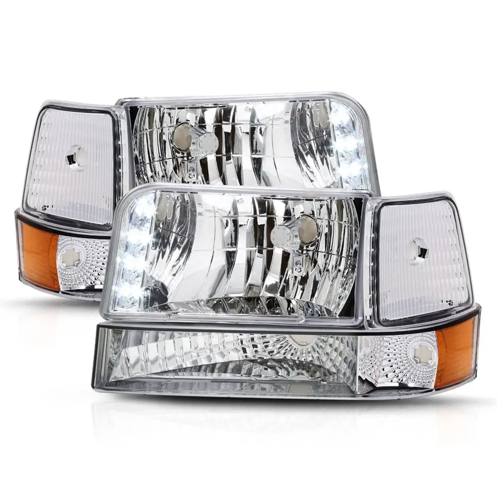 Chrome Housing Headlight LED DRL Amber Signal for 92-96 F-150/F-250/F-350/Bronco 93 94 95